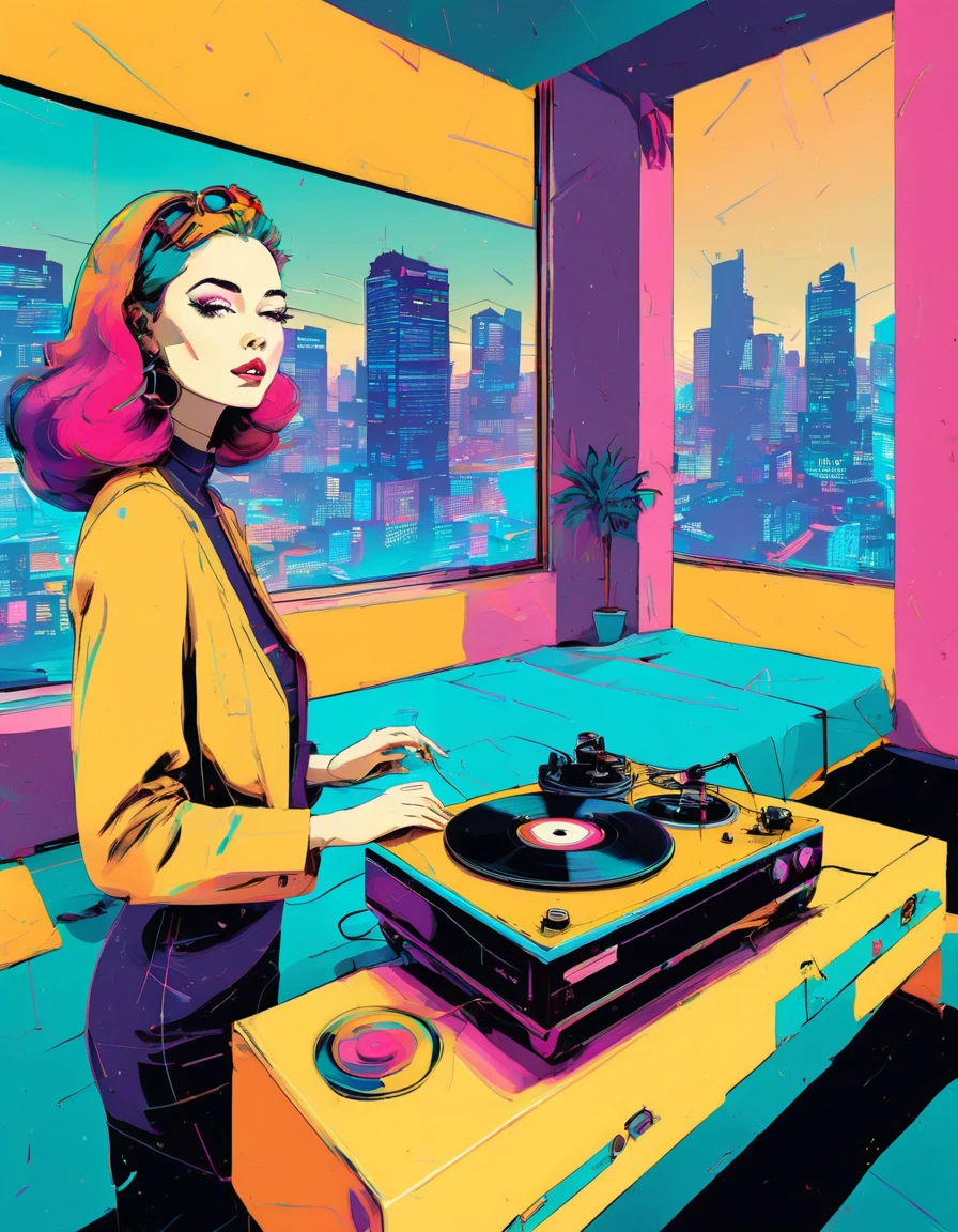 graphic design, Avant-garde pop art. Stylish Retro Illustration of a record player in a room with a city view, Emotional illustrations that can be used in lofi girl, illustration of a girl, Inside the room, Vintage Recorder Retro illustration, Retrowave, Beautiful artwork illustration, very colorful tones