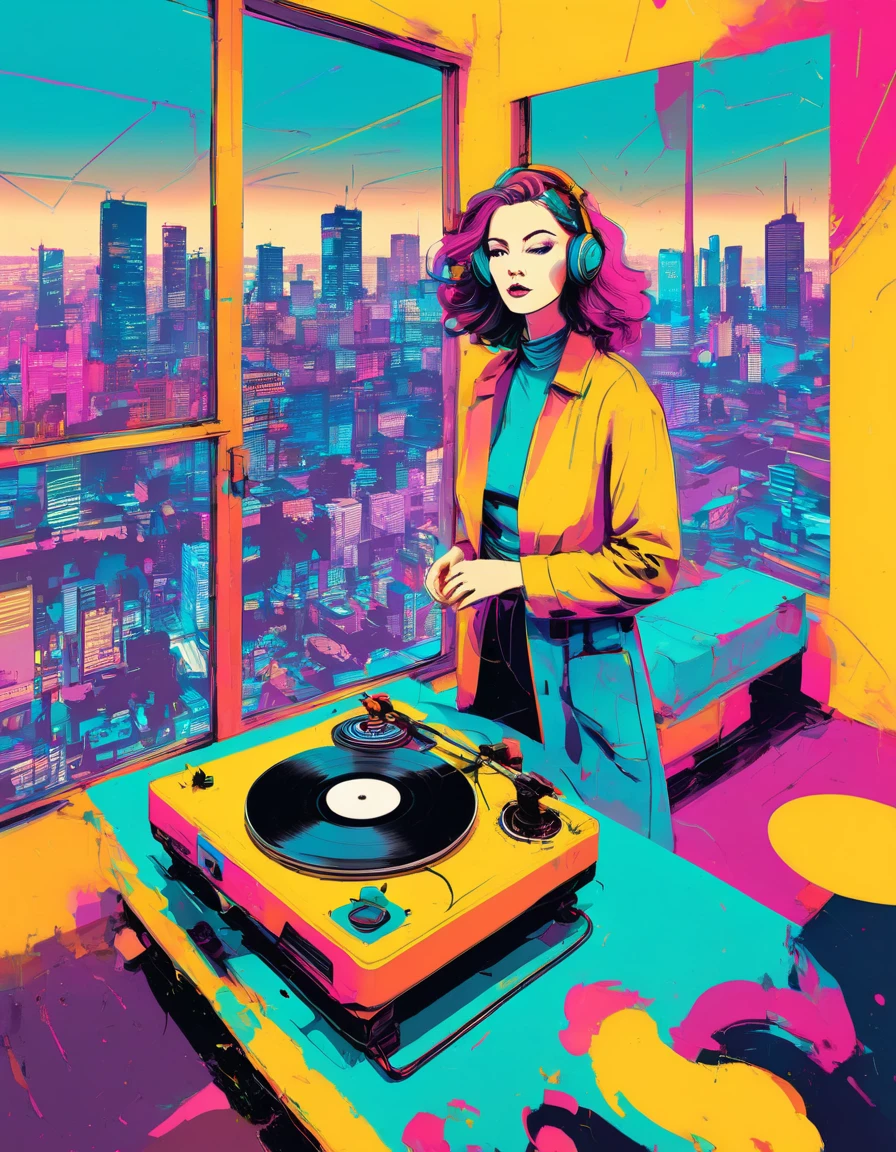 graphic design, Avant-garde pop art. Stylish Retro Illustration of a record player in a room with a city view, Emotional illustrations that can be used in lofi girl, illustration of a girl, Inside the room, Vintage Recorder Retro illustration, Retrowave, Beautiful artwork illustration, very colorful tones