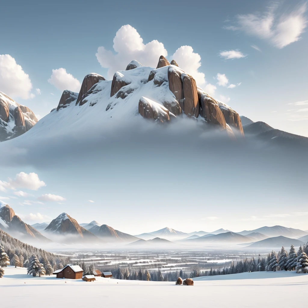  15-year-old boxer photo , art, conceptual art, masterpiece, wide-angle perspective , S-shaped composition,  an image of the mountainous landscape from near to far in a cinematic view, with different levels, clear high and low,  Distant sunset on top of a snowy mountain , texture hd, distant snowy mountains in layers, white clouds,