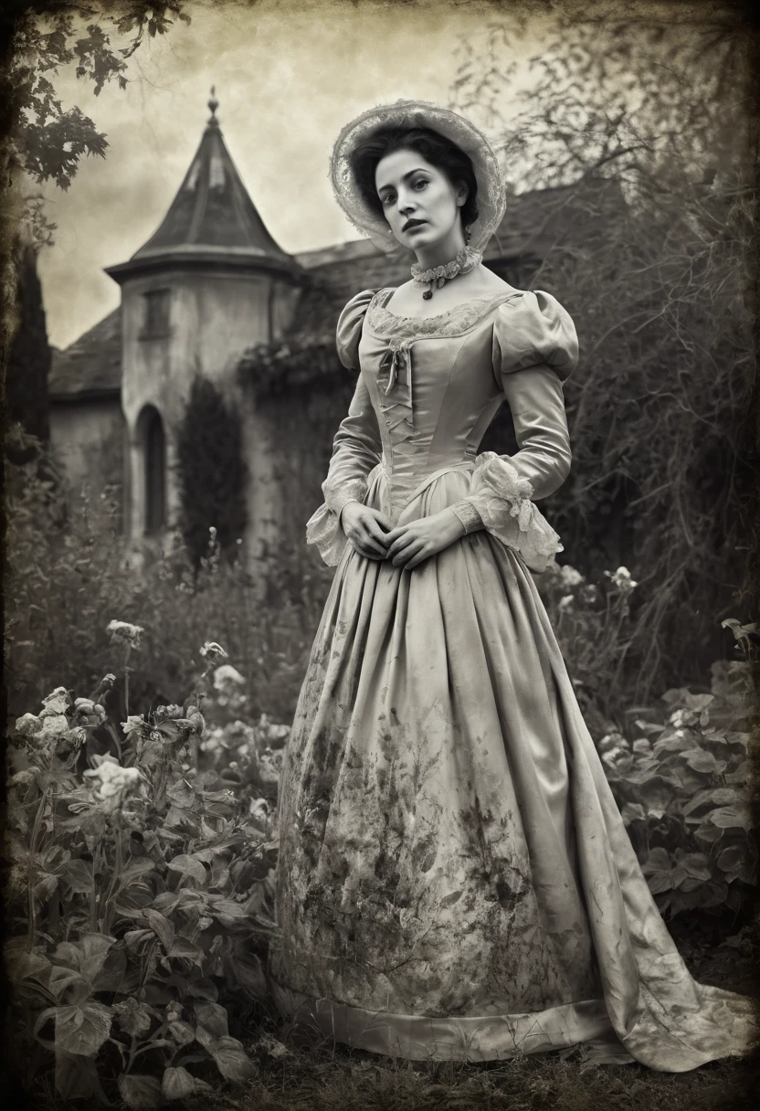 old picture of a women lady in a silk dress, with a dead garden background, classic horror, desaturated, oil paint, renaissance period