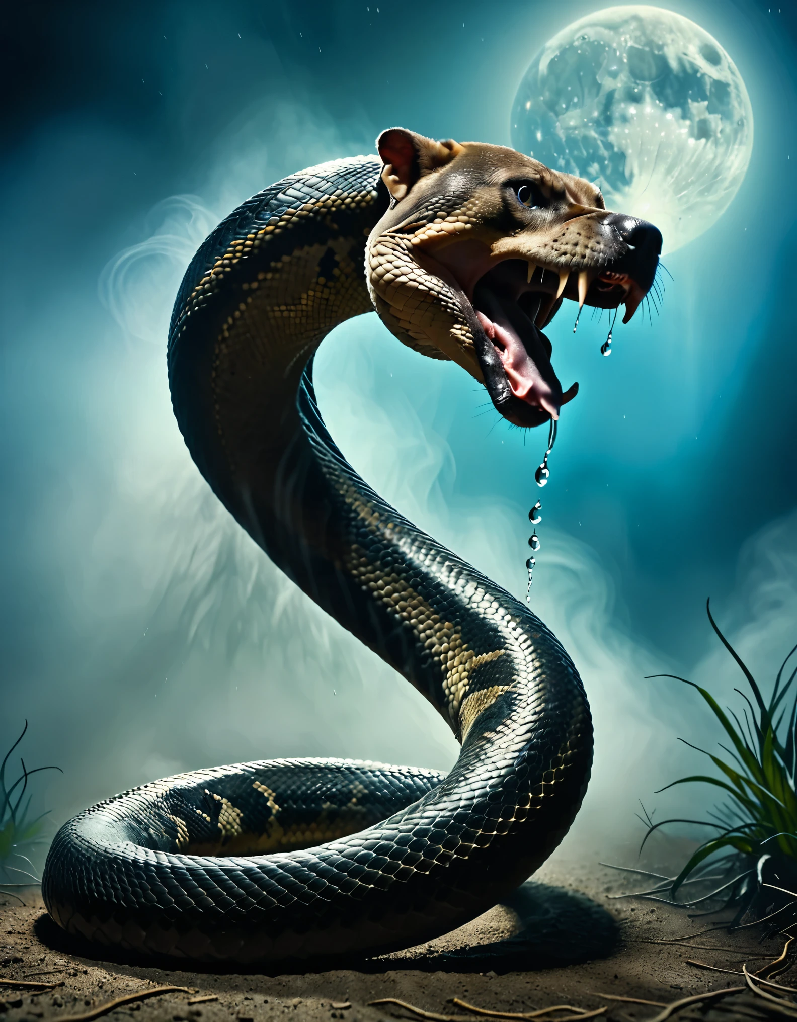 An enormous snake with the heard of a vicious pitbull snarls snd growls while saliva drips off his pointed teeth. Photorealistic, UHD, realistic, portrait photography, cinematic portrait, attention to details of the facial features, textured snake skin, textured dog's head and hair. Extreme detail on the eyes and teeth. Heavy saliva/drool. Intricate and intense Aurora Borealis, colorful uatmospheric phenomenon going on in the background.