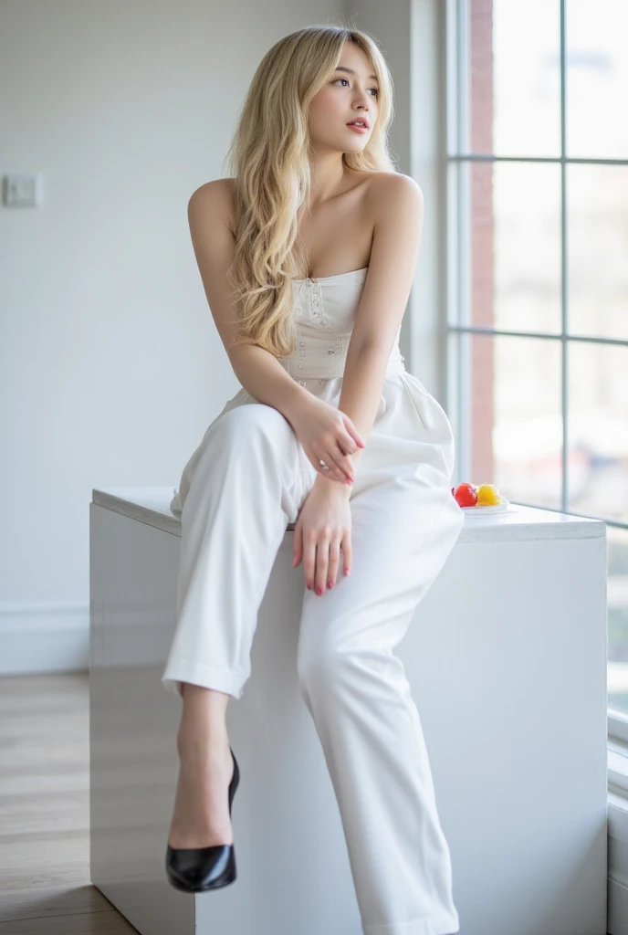 women with long blonde hair. fair Asian Indian look, skin, and face. fashion modal. Teen girl in a white top and pants, full body full height, large pants, different full body view, high angle, full body picture, full height, with height, perfect proportions, waist height, above the waist, front views full, height detailed body elements. high heels. sexy pose. sitting on the table