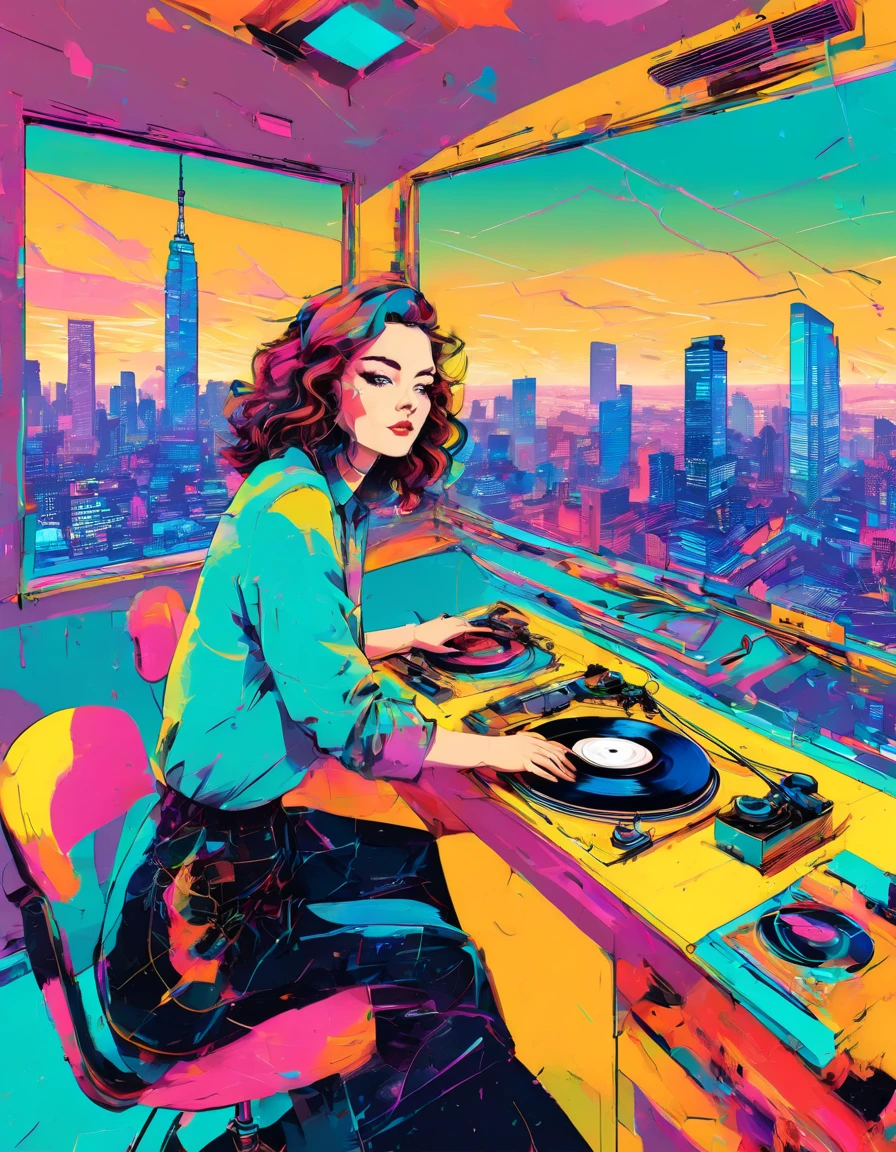 graphic design, Avant-garde pop art. Stylish Retro Illustration of a record player in a room with a city view, Emotional illustrations that can be used in lofi girl, illustration of a girl, Inside the room, Vintage Recorder Retro illustration, Retrowave, Beautiful artwork illustration, very colorful tones