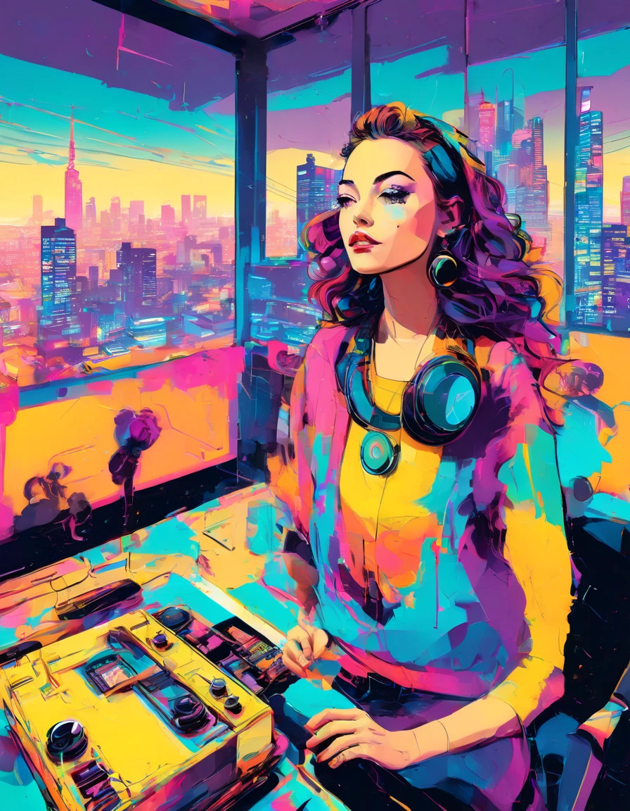 graphic design, Avant-garde pop art. Stylish Retro Illustration of a record player in a room with a city view, Emotional illustrations that can be used in lofi girl, illustration of a girl, Inside the room, Vintage Recorder Retro illustration, Retrowave, Beautiful artwork illustration, very colorful tones