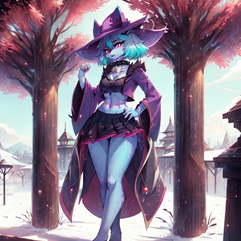 Gehalt, anthro, Allein, weiblich, tall slim body, wears a purple wizard hat, spiky purple cat ears with white tips, lila Augen, purple crop top with collar and long sleeves, black flowing skirt, bare legs, turquoise furry body, white feet paws, schwarze Katzennase, cute cat snout, turquoise hair, Stehen, Grastal, detailed background, hoher Kragen, Jitome, ausdruckslos, von fumiko, von hyattlen, by hioshiru, detailed, High resolution