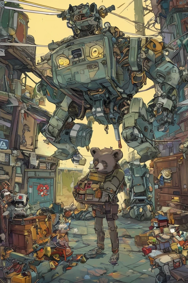 There's a big, broken bear robot with no arms in a room full of toys、The  standing in front of it 、 the  is holding the robot's arm 、 concept art by Android Jones,  Artstation contest winner ,   conceptual art  ,  there is only one robot  on the ground ,  robot monster in the background , Aesthetics of Anime Mecha, Mecha Art, Mechanical Aesthetics,  Glamorous Clothes  , Bastion game ,  indie game concept art ,  Video Game Concept Art 、 very detailed ,  Ultra High Definition, 