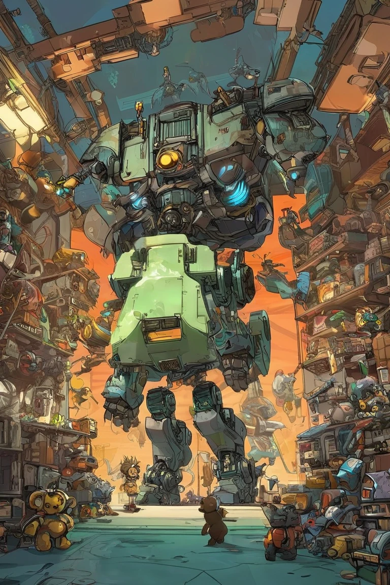 There's a big, broken bear robot with no arms in a room full of toys、The  standing in front of it 、 the  is holding the robot's arm 、 concept art by Android Jones,  Artstation contest winner ,   conceptual art  ,  there is only one robot  on the ground ,  robot monster in the background , Aesthetics of Anime Mecha, Mecha Art, Mechanical Aesthetics,  Glamorous Clothes  , Bastion game ,  indie game concept art ,  Video Game Concept Art 、 very detailed ,  Ultra High Definition, 