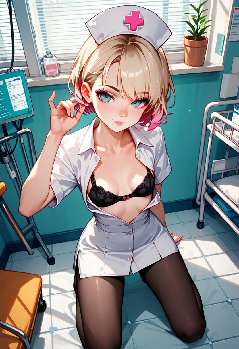 1 girl, alone, nurse, nurse cap, (white micro clothes:1.1), (Lace black panties:1.2),(put panties aside:1.5),((black legwear, zettai ryouiki, small breasts)), ((thin legs,thin waist)),white gloves, blonde, long hair, Moist blue eyes, droopy eyes, smile, Are standing, ((hospital room)), Kitchen knife in hand, Knife blood, stethoscope worn around the neck, sharp outline, short sleeve, highest quality, masterpiece