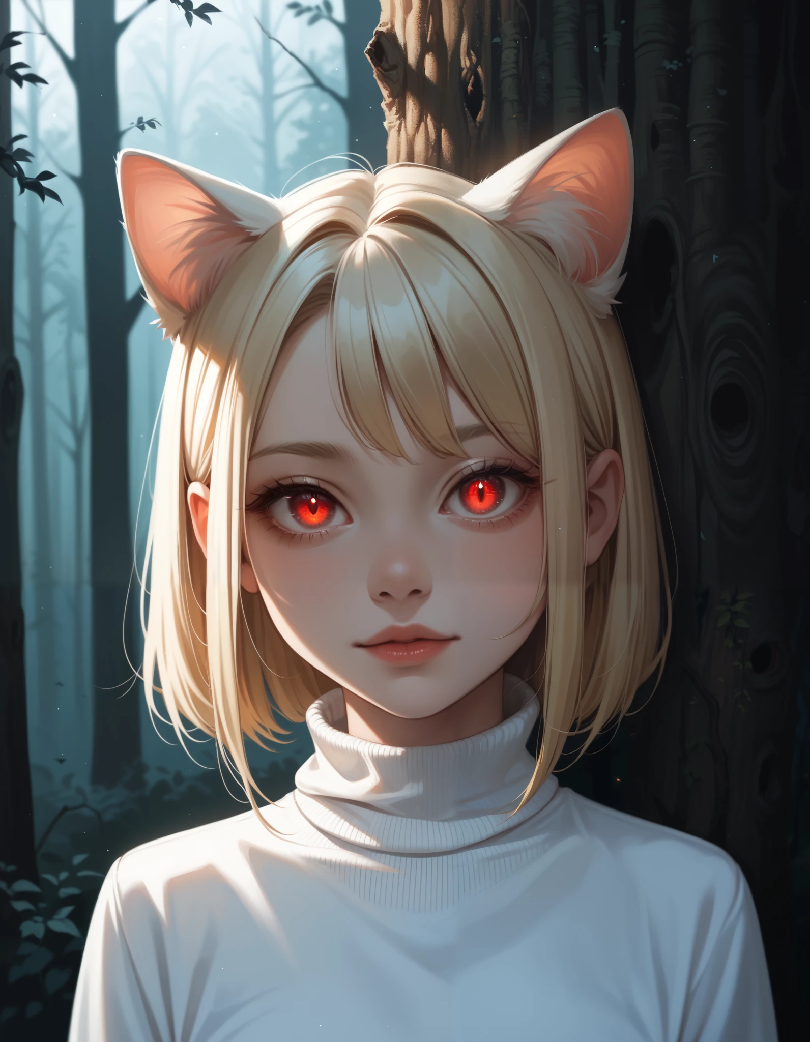 score_9, score_8_up, score_7_up, solo, peeking out, upper body, hiding behind tree, night, horror \(theme\), forest, necoarc, glowing eyes, cat ears, blonde hair, red eyes, chibi, :3, white shirt, turtleneck, looking at viewer