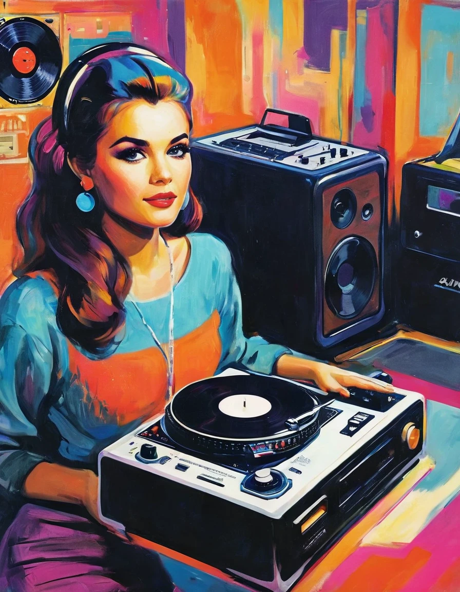 graphic design, Avant-garde pop art. Stylish Retro Illustration of a record player in a room with a city view, Emotional illustrations that can be used in lofi girl, illustration of a girl, Inside the room, Vintage Recorder Retro illustration, Retrowave, Beautiful artwork illustration, very colorful tones