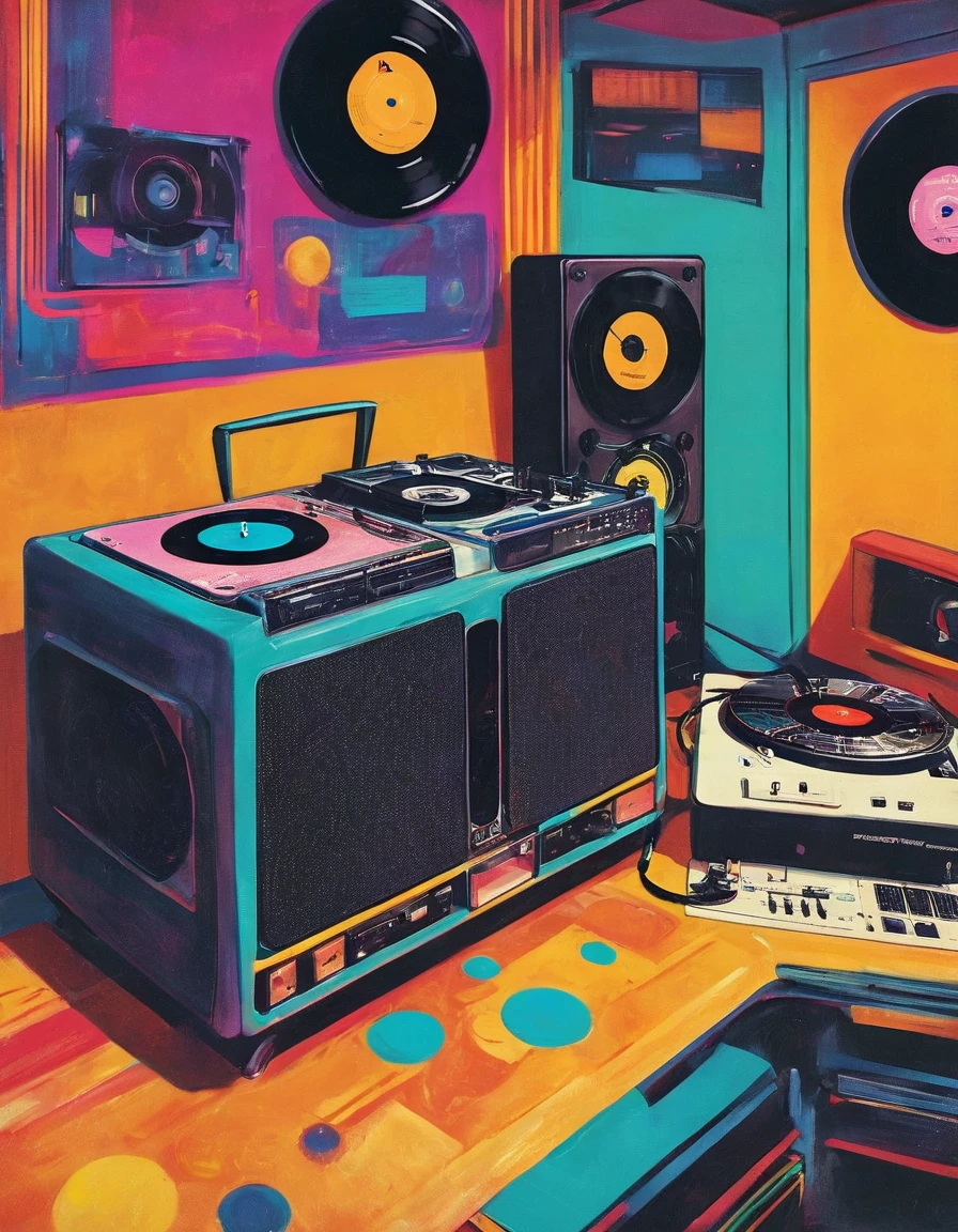 graphic design, Avant-garde pop art. Stylish Retro Illustration of a record player in a room with a city view, Emotional illustrations that can be used in lofi girl, illustration of a girl, Inside the room, Vintage Recorder Retro illustration, Retrowave, Beautiful artwork illustration, very colorful tones