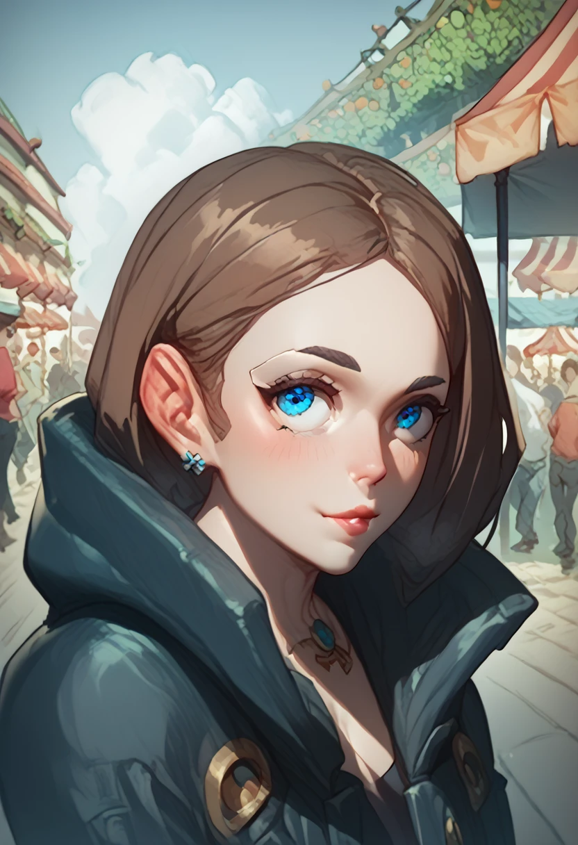 Anime female Android, bussiness woman, con woman, cunning and treacherous, petite body, sexy, energetic and clever, Market Analysis Android, petite body, brown bob hair, blue eyes 