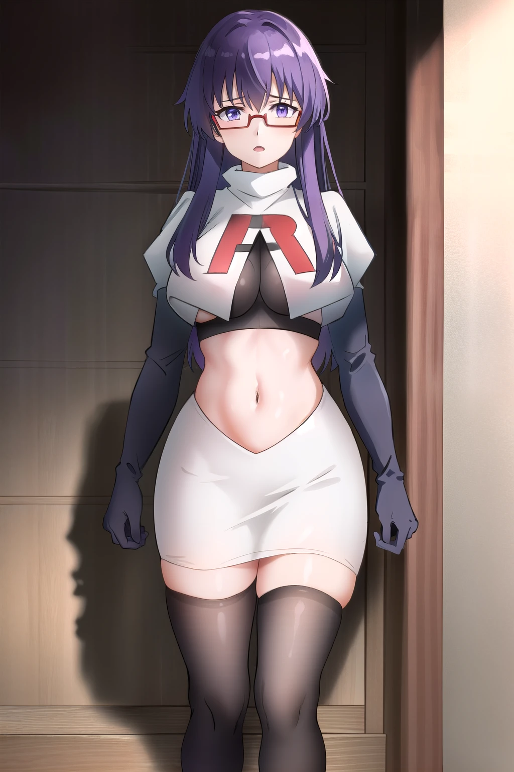 (extremely detailed CG unity 4k wallpaper),(masterpiece),(best quality),(ultra-detailed),(best illustration),(best shadow),(absurdres),(detailed background), Sheele, 1girl, solo, purple hair, glasses, breasts, long hair, purple eyes, large breasts, medium breasts, team rocket,team rocket uniform,white skirt,red letter R,crop top,black thigh-highs,black elbow gloves,,outdoors, 