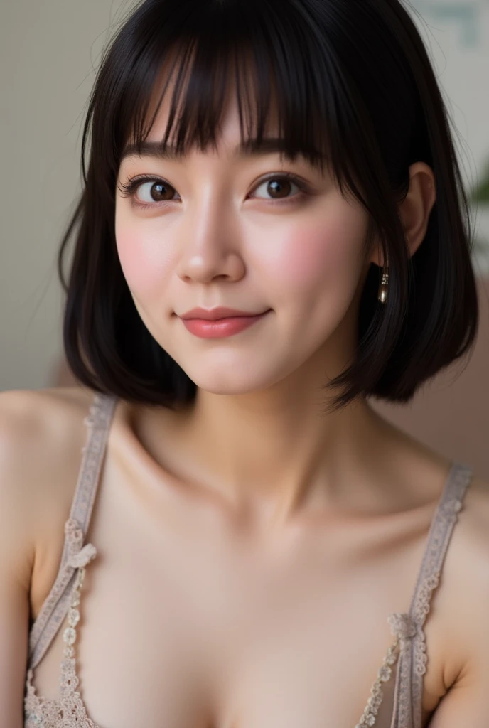 ((Best picture quality, 8K, tmasterpiece:1.3)), 1girll, Beautiful woman with slender abs:1.3, (Casual hairstyle, :1.2), Pink low-cut bra，Super large，The skin is very white，Ultra-fine face, A detailed eye, 二重まぶた，ssmile。Take pictures in cute poses，The figure is very bad，tiny small waist，Super big breasts，Close-up，Close-up chest，White-skinned，The background is casual，Close-up Shot Shot