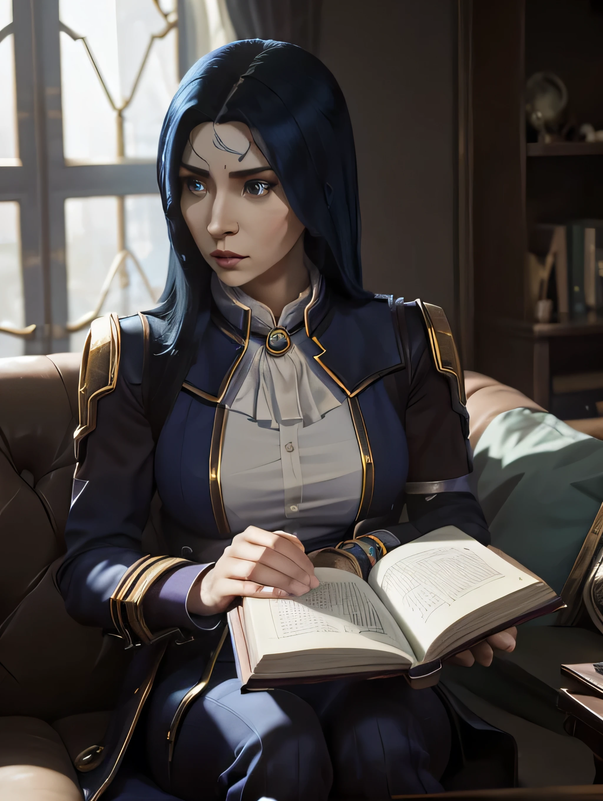  woman with blue hair holding a book, cosplay cover, cosplay, Caitlyn League of Legends, Maya Fey de Ace Attorney, professional cosplay, holding the spell book,  costume with blue accents , Caitlyn, Caitlyn Arcane  ((Caitlyn)) Caitlyn,  Caiglyn seated , sensual, elegant background, ropa detallada cosplay Caitlyn