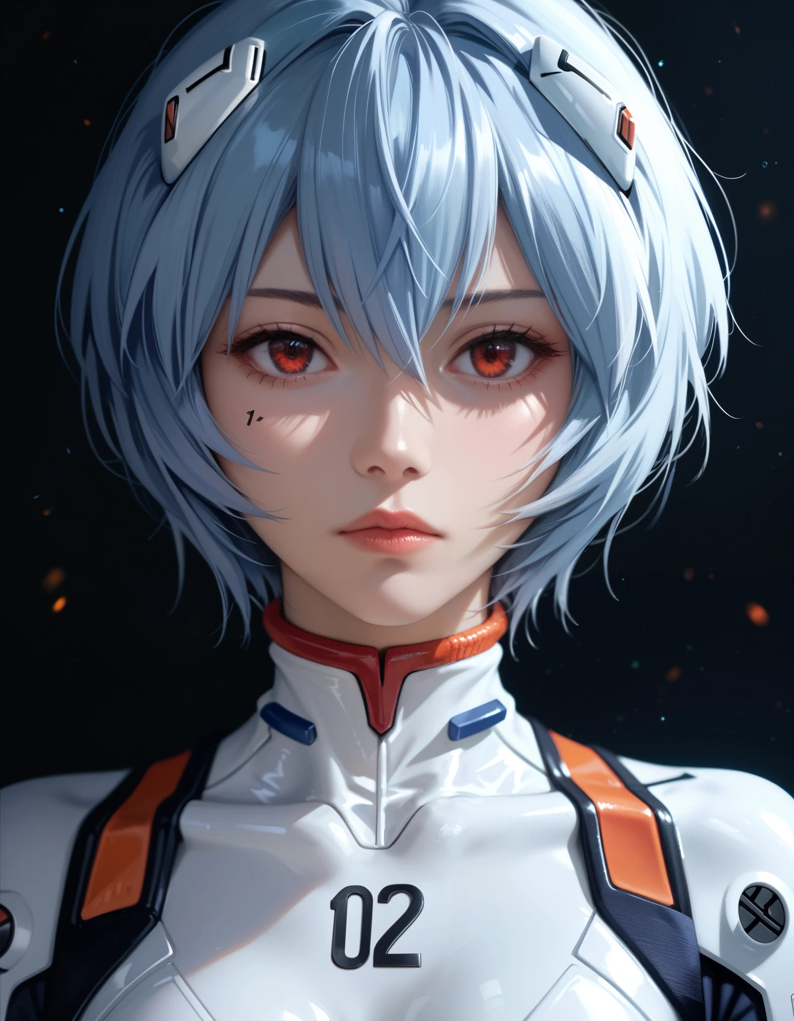 score_9, score_8_up, score_7_up, score_6_up, score_ANIME, looking at viewer, 1girl, ayanami rei \( neon genesis evangelion\), expressionless, red eyes, (number 00 on chest), medium breasts, close up, white bodysuit,