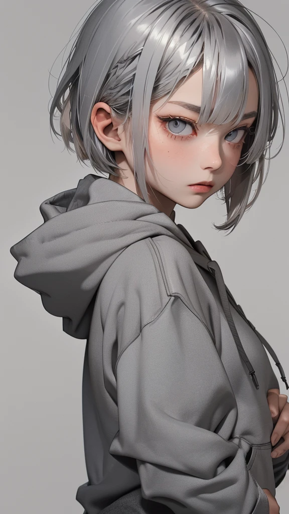   movie poster with a young woman as the protagonist、 (Silver_hair, dark gray_hair,two-tone_hair:1.4)、( short bob:1.2)、(Clear Silver Eyes 1 .3)Glare、 Her face has a fixed expression  ,(Plain ash gray hoodie:1.5)、(black simple background 1 .4)、Rough, With danger and tension、 (Rear shot:1.1) 、( Short Bang :1.3)、(Glare:1.4)、anger