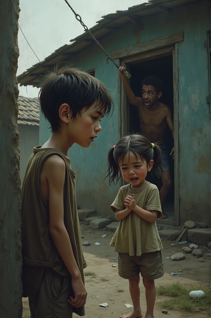 Même image, mais avec les 2 enfants qui sont assis, genoux croisés, à attendre désespérément en face de leur père. 