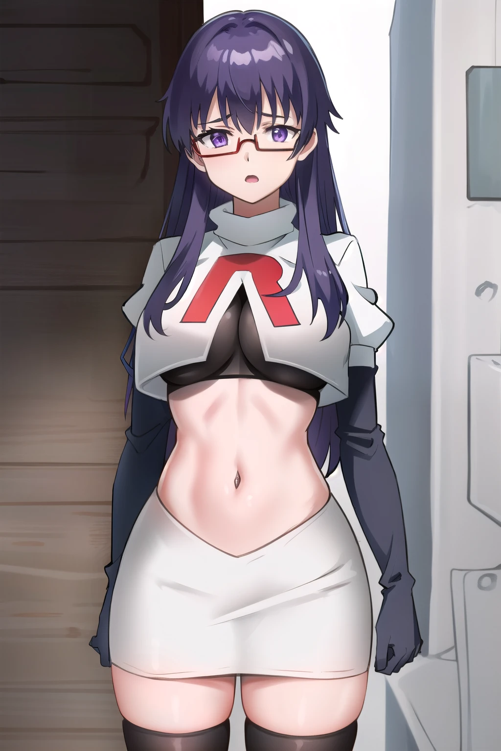 (extremely detailed CG unity 4k wallpaper),(masterpiece),(best quality),(ultra-detailed),(best illustration),(best shadow),(absurdres),(detailed background), Sheele, 1girl, solo, purple hair, glasses, breasts, long hair, purple eyes, large breasts, medium breasts, team rocket,team rocket uniform,white skirt,red letter R,crop top,black thigh-highs,black elbow gloves,,outdoors, 