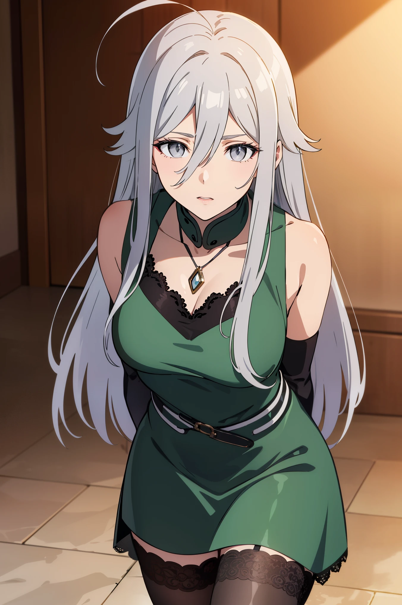 vladilenamilize, vladilena milize, (grey eyes:1.5), 1woman, mature woman, grey hair, hair between eyes, long hair, ahoge,
BREAK ((intricate red Garterbelt, panties, stockings, lace gloves, necklace,dress, green dress, two-tone dress, white dress, sleeveless, sleeveless dress:1.2)),
BREAK looking at viewer,standing, leaning forward, arms behind back,
BREAK (masterpiece:1.2), best quality, high resolution, unity 8k wallpaper, (illustration:0.8), (beautiful detailed eyes:1.6), extremely detailed face, perfect lighting, extremely detailed CG, (perfect hands, perfect anatomy),