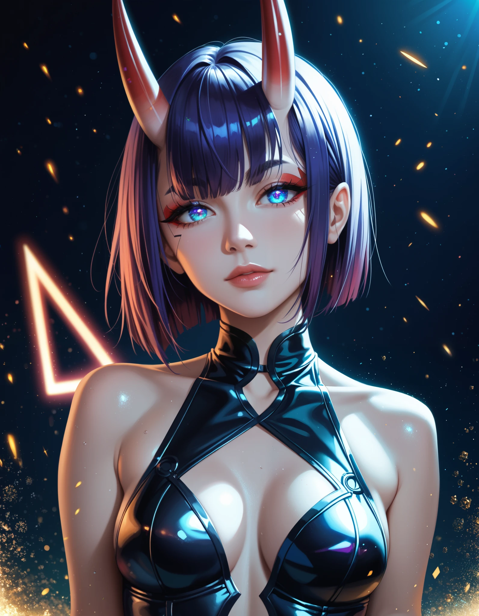 score_9,score_8_up,score_7_up, rating_safe, glitch, d1splaygl1tchl1nes, a glowing (triangle:1.1), 1girl, shuten douji \(fate\), cyborg, breasts, contrapposto, shiny, glamour, makeup, glossy, glowing eyes, anamorphic, head tilt, science fiction, head tilt, geometric, cyberpunk style (black background:0.8), particles, dust, lines, [:horns:0.4],violet hair,bangs,hair between eyes