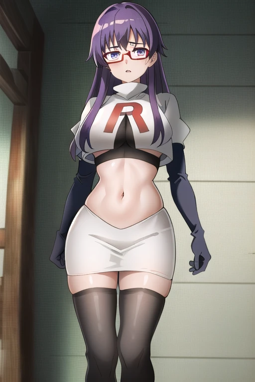 (extremely detailed CG unity 4k wallpaper),(masterpiece),(best quality),(ultra-detailed),(best illustration),(best shadow),(absurdres),(detailed background), Sheele, 1girl, solo, purple hair, glasses, breasts, long hair, purple eyes, large breasts, medium breasts, team rocket,team rocket uniform,white skirt,red letter R,crop top,black thigh-highs,black elbow gloves,,outdoors, 