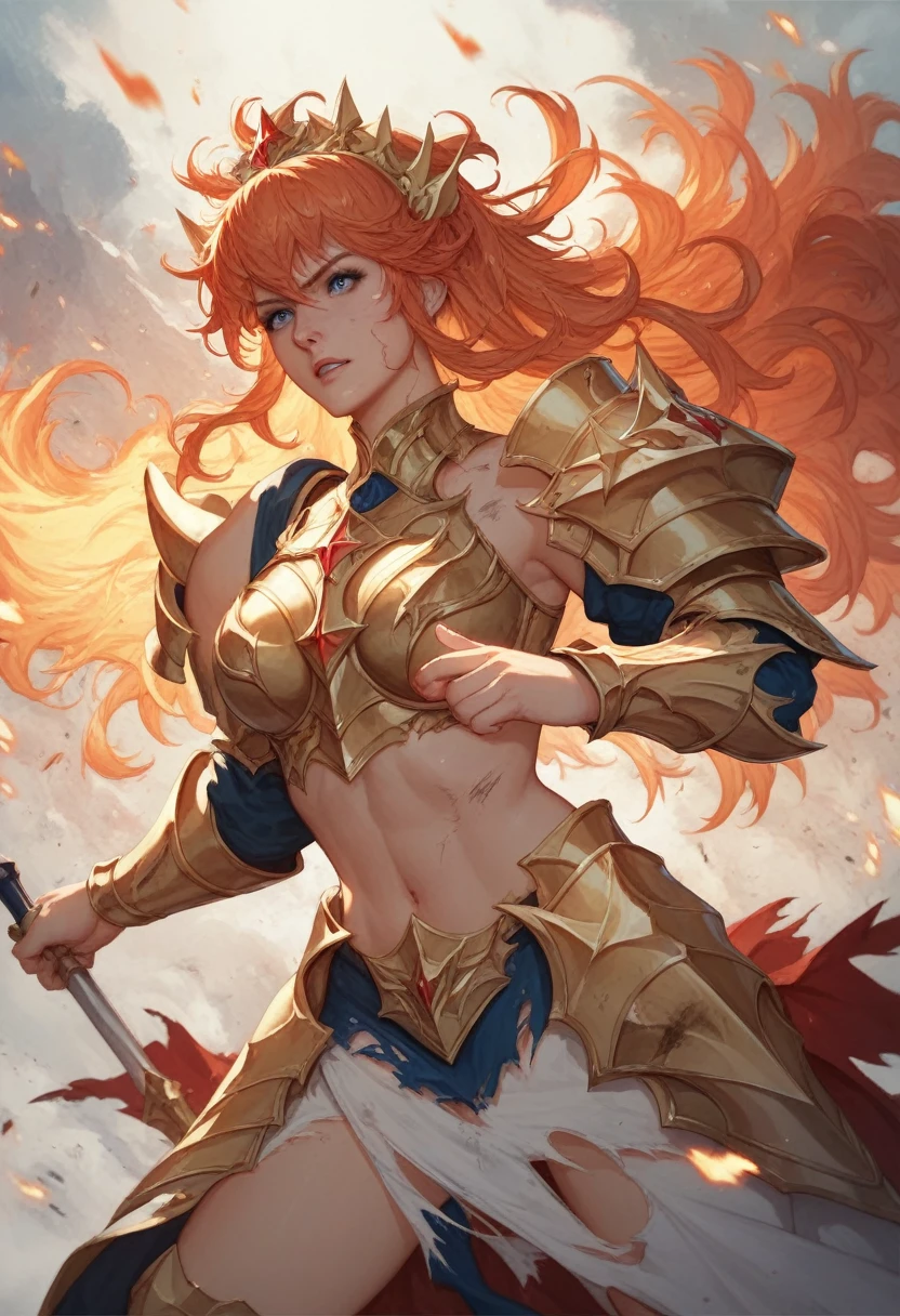 1 goddess of war, red fierce hair, beautiful eyes, blue eyes, perfect body, thin waist, white full body armour, epic background, in the heaven, beautiful eyes, ornaments in hair, looking at you, golden necklace, golden earrings, golden rings, positive vibes, high resolution, masterpiece, 8k, halo above head, fire in the background