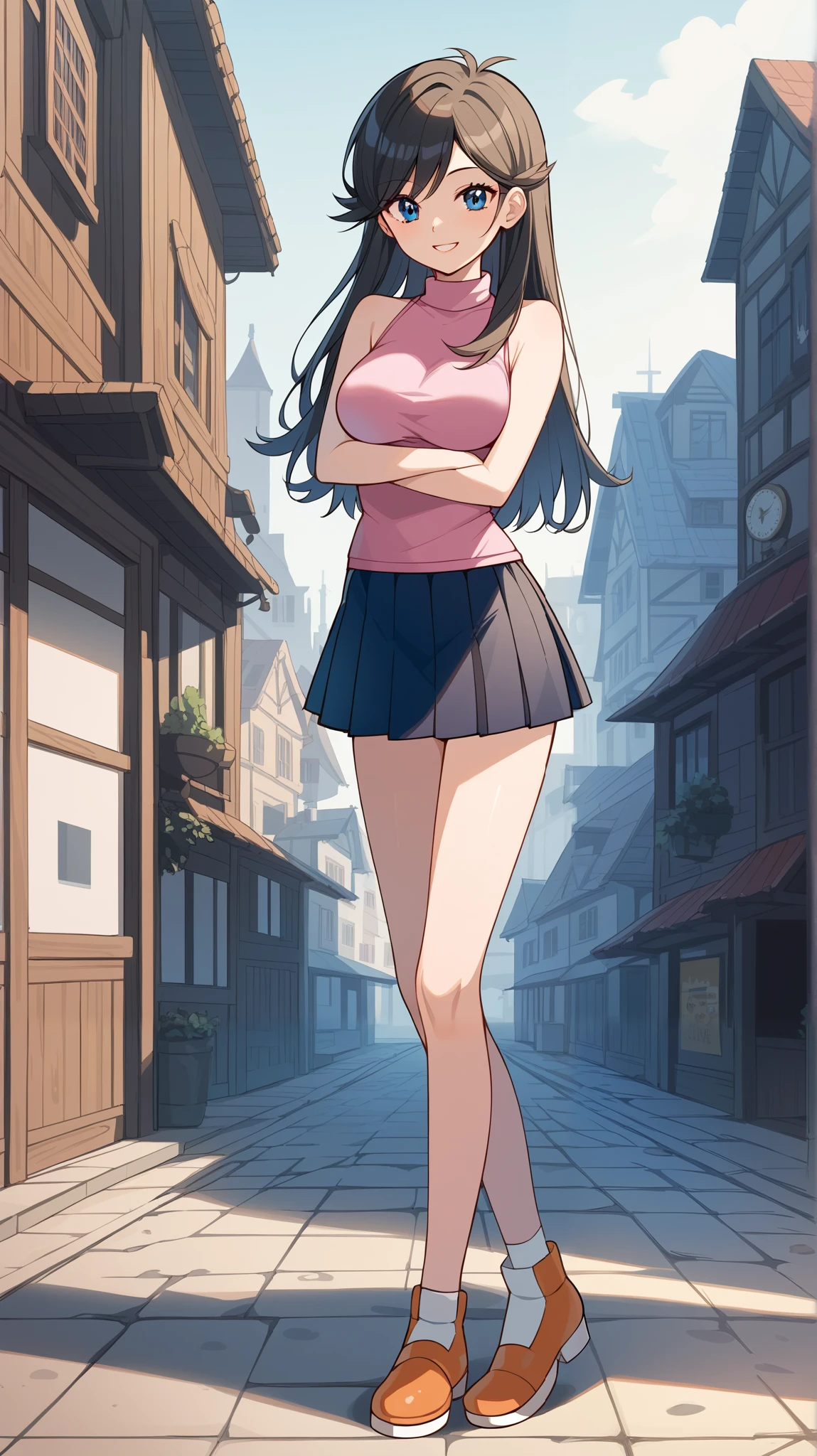  score_9,  score_8_Excellent,  score_7_Excellent,  score_6_Excellent,  best quality, sauce_Anime,  cell shading ,  flat color , vector,  detailed background, town, building,  break 1 girl , Alone, (\ Pokémon\),  review, Long Hair,  blue eyes,  black knee-high stockings , Ample breasts,  watch viewers , 1 Female, Age 18,  standing , whole body,  slim figure without arms, smile, Outdoor,  seductive smiles from all around, 挑発的なsmile,  pink sleeveless shirt, green pleated mini skirt , Absolute territory,  put one hand on the lower back ,  Tall, Orange shoes, bare hands, No gloves,