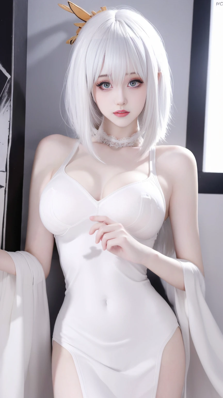 masterpiece, best quality, Surreal, Super detailed, 8K resolution, original photo, sharp focus, (1 girl), alone, gorgeous face, Perfect body, adult, 22 years old, white hair, Mecha, White wedding dress, stand,whole body, Sexy, full stature, ish, ish light