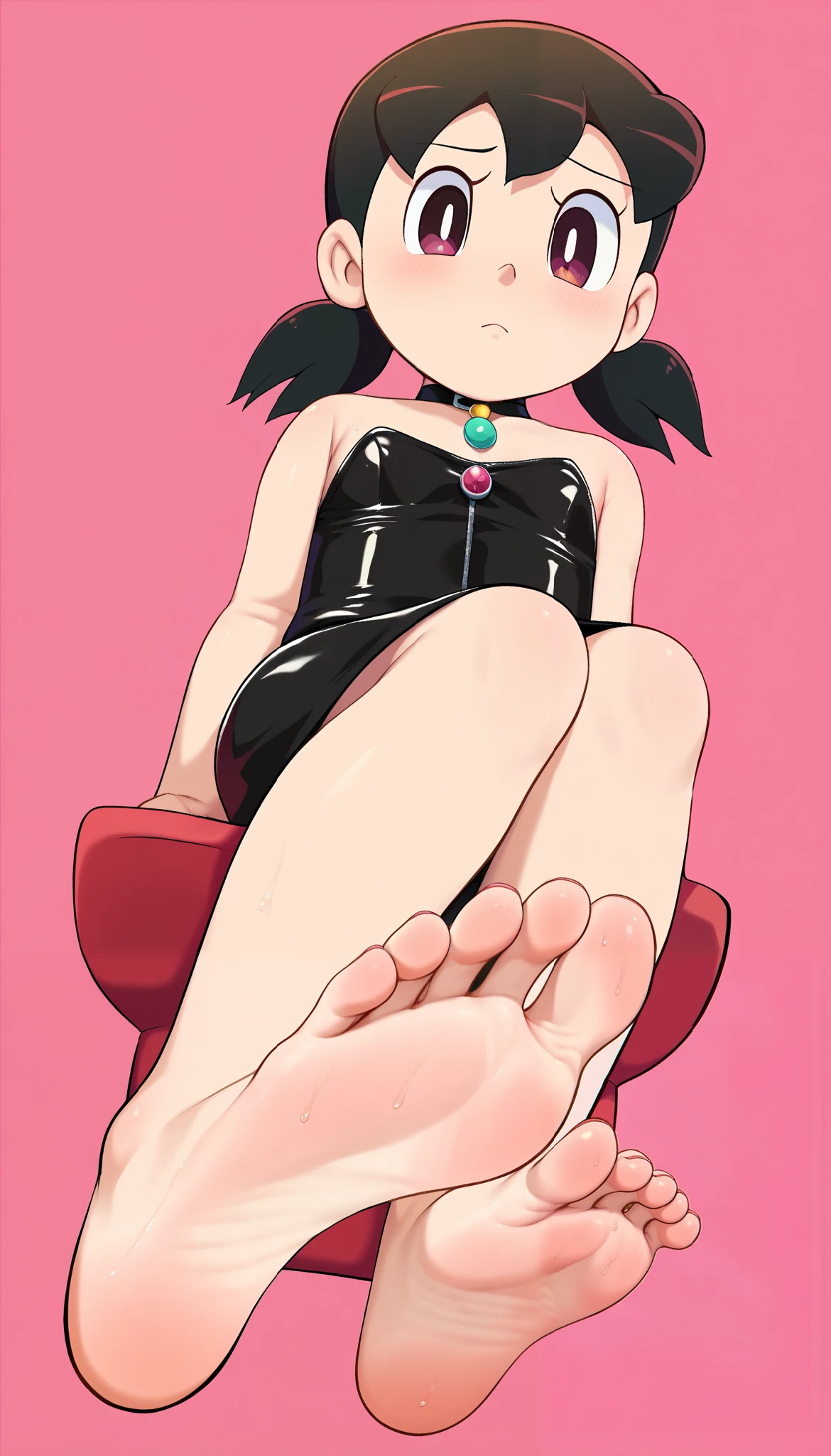  Black latex bustier dress, 1 girl, Alone, , Minamoto Shizuka, Doraemon style ,feet focus, feet, sweaty feet,  feetを広げる,feet,  black hair, Pigtails, dark eyes,  sole 