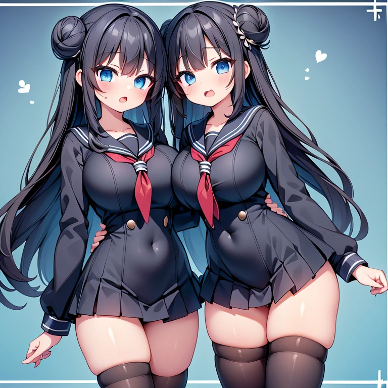 (cute eyes:1.2), (sparkling eyes:1.2), (8K、Best image quality、highest quality、masterpiece)、Detailed face、(2 girls)、Improve、(Black Hair, Purple Eyes, long hair)、(open mouth), (embarrassed), (skinny body:1.3),(huge breast), (off shoulder sailor swimsuit:1.2), (grabbing another's breast:1.4), (cleavage), (crop top navel), Classroom Background, (black stockings:1.1), (Thighs:1.1), (Waistline:1.1),(close-up shot of bust), (from above:1.2)
