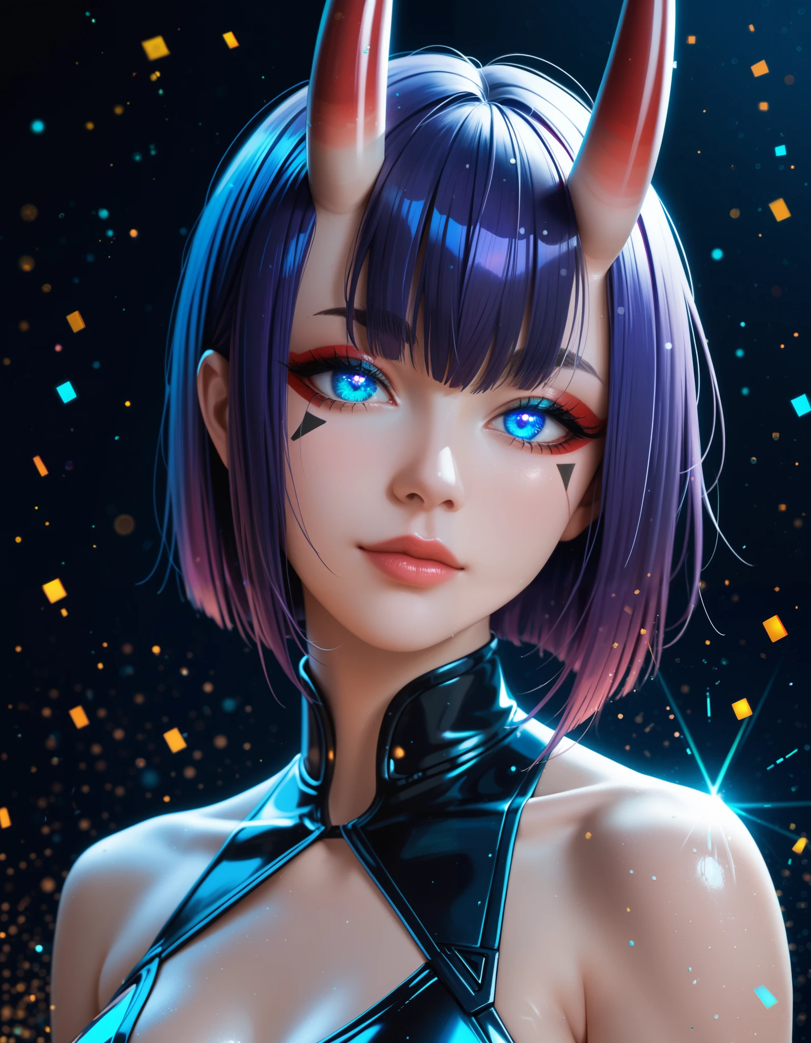 score_9,score_8_up,score_7_up, rating_safe, glitch, d1splaygl1tchl1nes, a glowing (triangle:1.1), 1girl, shuten douji \(fate\), cyborg, breasts, contrapposto, shiny, glamour, makeup, glossy, glowing eyes, anamorphic, head tilt, science fiction, head tilt, geometric, cyberpunk style (black background:0.8), particles, dust, lines, [:horns:0.4],violet hair,bangs,hair between eyes