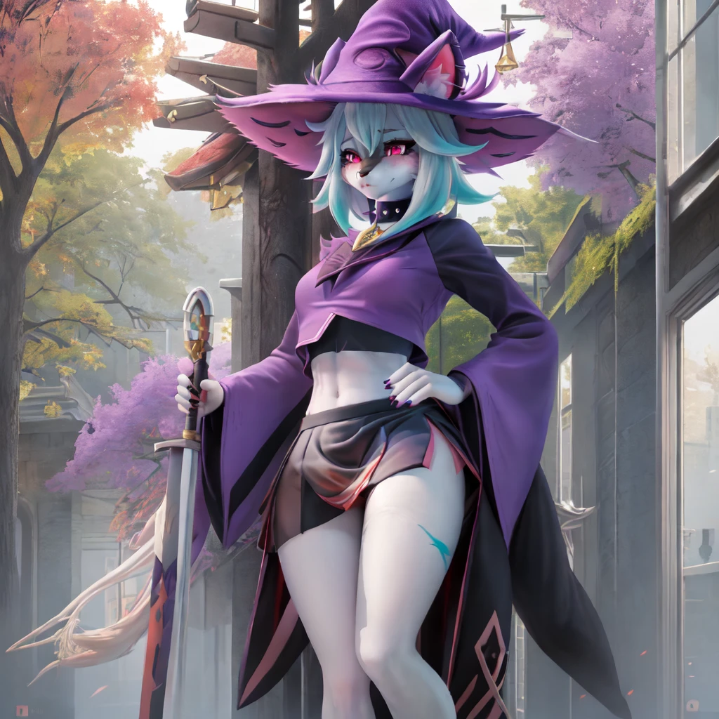 Gehalt, anthro, Allein, weiblich, tall slim body, wears a purple wizard hat, spiky purple cat ears with white tips, lila Augen, purple crop top with collar and long sleeves, black flowing skirt, bare legs, turquoise furry body, white feet paws, schwarze Katzennase, cute cat snout, turquoise hair, Stehen, Grastal, detailed background, hoher Kragen, Jitome, ausdruckslos, von fumiko, von hyattlen, by hioshiru, detailed, High resolution