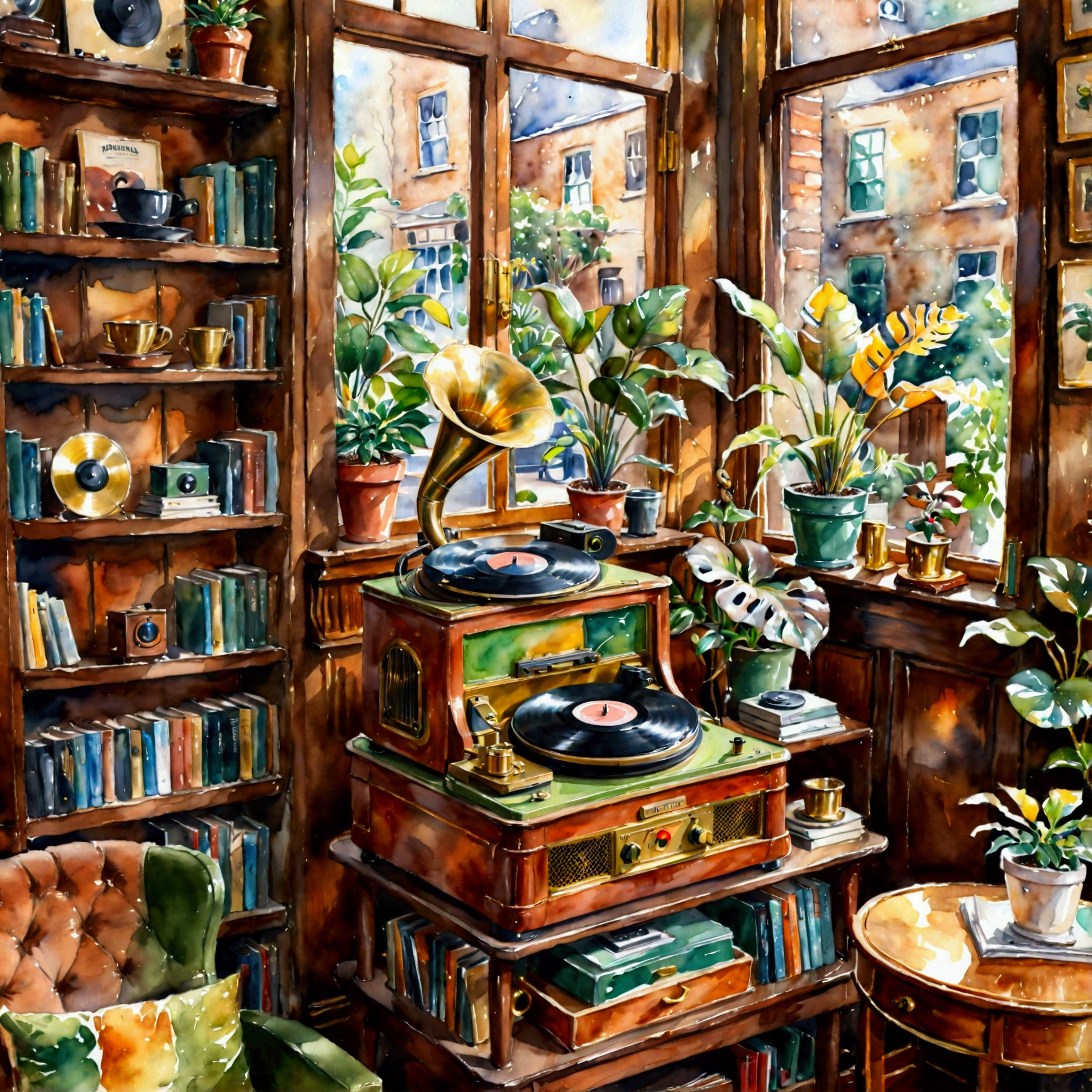 A watercolor-style illustration of a retro-themed café featuring a vintage record player and a stack of vinyl records. The record player is an elegant gramophone with a brass horn and a polished wooden base, sitting on a small wooden table. Soft sunlight filters through large café windows, casting a warm glow over the scene. The café interior is cozy, with antique furniture, bookshelves, and potted plants, creating a nostalgic and inviting atmosphere. The watercolor brushstrokes are gentle, with muted tones of brown, gold, and green, emphasizing the vintage charm and relaxed ambiance, (watercolor style, retro café, vintage record player, gramophone, brass horn, polished wood, vinyl records, soft sunlight, cozy interior, antique furniture, bookshelves, potted plants, nostalgic atmosphere, muted tones, brown, gold, green, gentle brushstrokes)