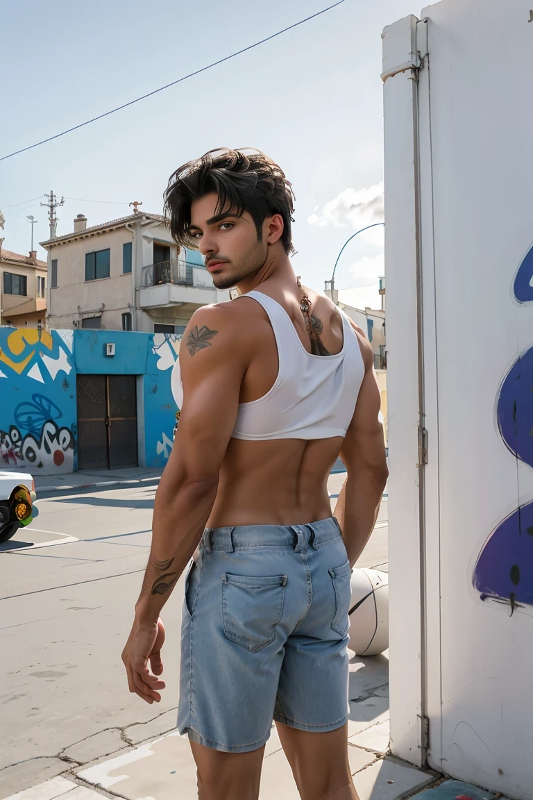 In this stunning masterpiece fashion editorial photo, we present a male supermodel exuding undeniable charm and allure. This 18-25 year old mixed race young man possesses a slim and slender physique with a masculine appearance. His small shoulders and pectorals accentuate his youthful and athletic appeal, while his gorgeous face radiates with charisma. Adorned in a casual yet fashionable outfit comprising a t-shirt and jeans, the model stands against a backdrop of breathtaking scenery, captivating the viewer's attention with his natural pose and dynamic angle. The focus is solely on the model, highlighting his photogenic qualities and sexy appeal. Captured with meticulous attention to detail using ((cinematic 35mm lens, F/1.8, accent lighting, global illumination)), this photo boasts unparalleled quality and realism. The ultra-realistic rendering and photorealistic aesthetics elevate the image to a level of hyperrealism, with soft lighting enhancing the natural flesh tones and real skin texture. Employing the Unreal Engine, the photo showcases intricate details and cinematic lighting, creating a romantic atmosphere that transports viewers into the scene. The lively and extremely gorgeous background further enhances the overall ambiance, complementing the model's presence. Attention to the layering and arrangement of body parts and surrounding objects ensures a flawless composition, while the correct body structure and photo distance add to the authenticity of the image. Ultimately, this photo is a testament to the beauty of the male form and the artistry of fashion photography, inviting viewers to immerse themselves in its captivating charm and allure.