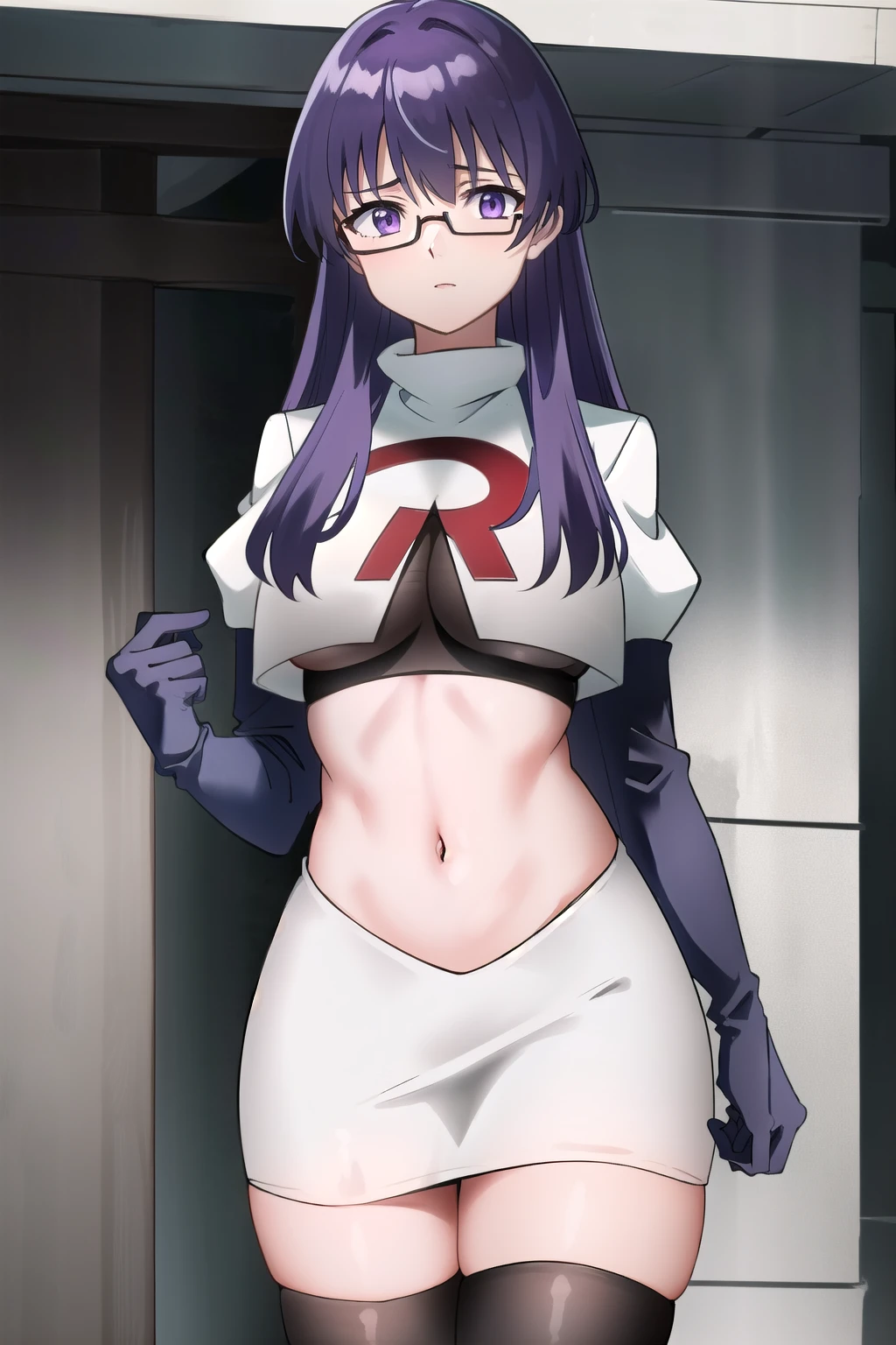 (extremely detailed CG unity 4k wallpaper),(masterpiece),(best quality),(ultra-detailed),(best illustration),(best shadow),(absurdres),(detailed background), Sheele, 1girl, solo, purple hair, glasses, breasts, long hair, purple eyes, large breasts, medium breasts, team rocket,team rocket uniform,white skirt,red letter R,crop top,black thigh-highs,black elbow gloves,,outdoors, 