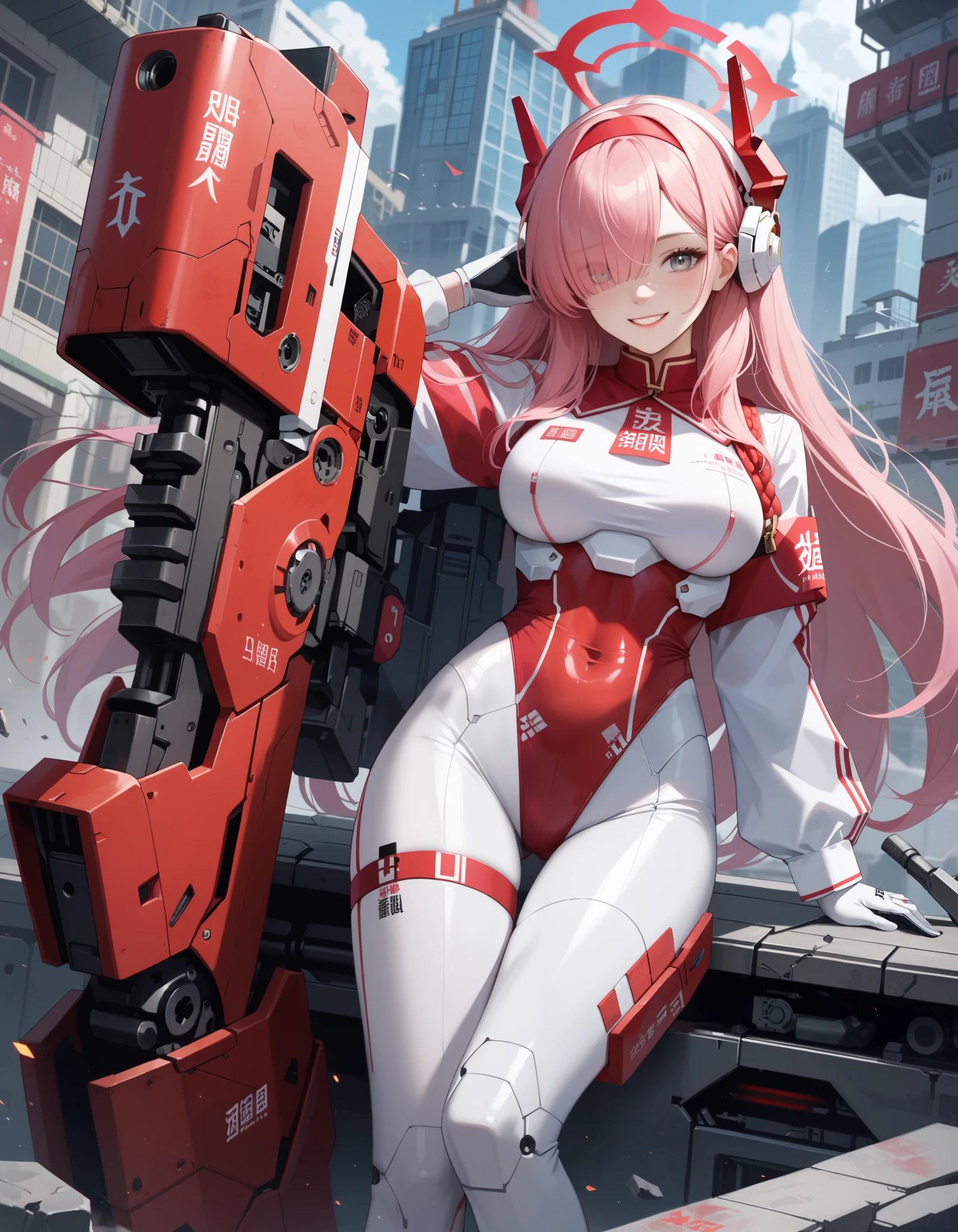 score_9,score_8_up,score_7_up, plana \(blue archive\),hair over one eyes,grey eyes, 1girl,chinese text,pink hair,weapon,gun,solo,holding weapon,holding gun,red eyes,holding,mechanical arms,bodysuit,breasts,smile,science fiction,hairband,tattoo,simplified chinese text,android,fake animal ears,mecha musume, BREAK,masterpiece, best quality,