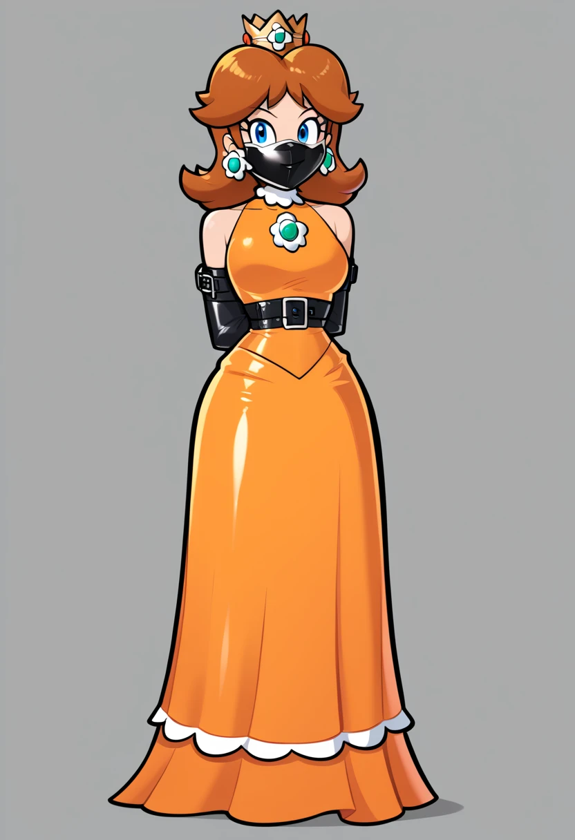 score_9, score_8_up, score_7_up, 1girl, ( (Daisy, princess Daisy from super mario lore, princess Daisy, orange long dress, wearing orange dress, crown), (front view), perfect proportions, simple background, standing, , bound arms, arms behind back, full body, tight mask, black mask, sexy mask, (armbinder: 1.3),  ) 