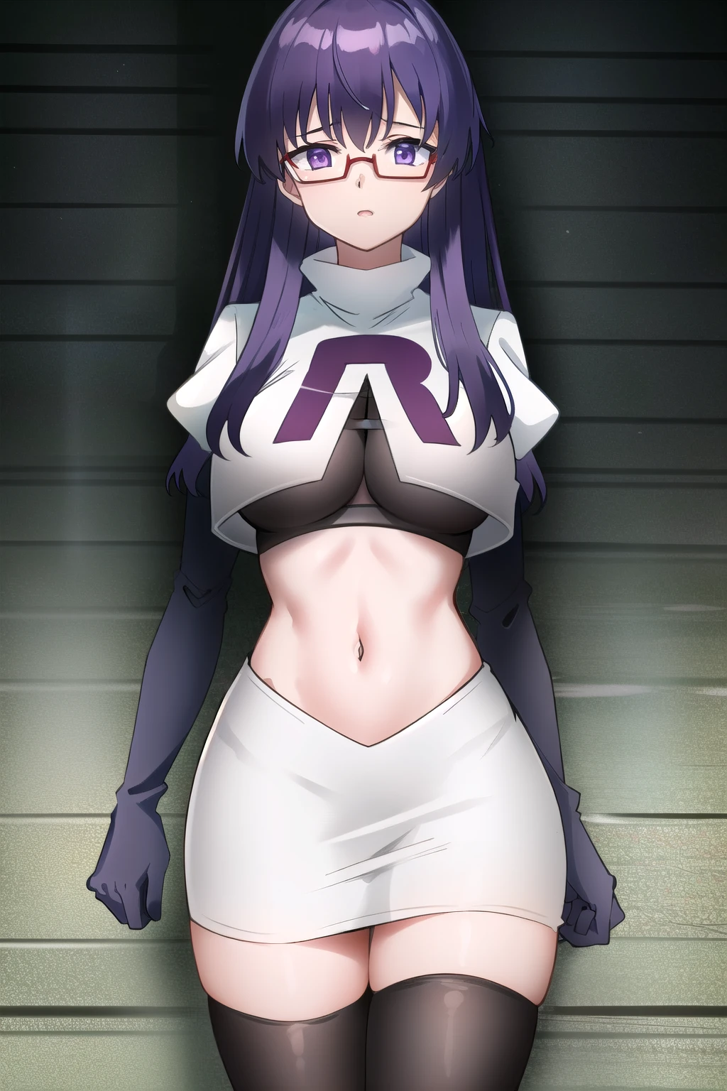 (extremely detailed CG unity 4k wallpaper),(masterpiece),(best quality),(ultra-detailed),(best illustration),(best shadow),(absurdres),(detailed background), Sheele, 1girl, solo, purple hair, glasses, breasts, long hair, purple eyes, large breasts, medium breasts, team rocket,team rocket uniform,white skirt,red letter R,crop top,black thigh-highs,black elbow gloves,,outdoors, 