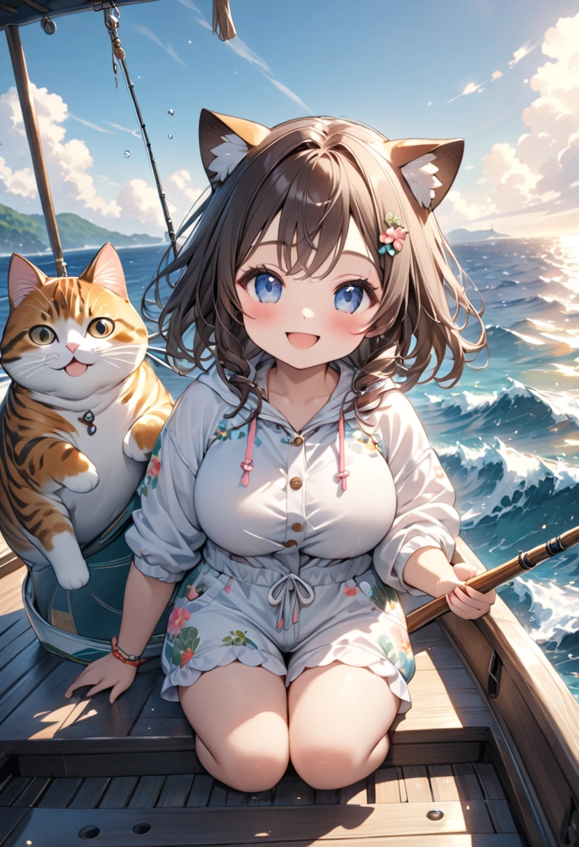 (masterpiece, ultra-detailed, best quality, clear focus, dramatic scene, cinematic), shadow, (ultra-high resolution, 8k), perfect anatomy, perfect face, (detailed face, detailed eye, chibi), cute Japanese chibi girl, famous Japanese chibi idol, (chibi:1.3), very beautiful and cute and cool face, (wearing a cute outdoor wear:1.3), slim waist, (large breasts), (she is fishing on the boat on the sea:1.3), amazing view of tropical ocean, (with a fat cat, detailed cat:1.2), smile, she looks so happy, (She just caught a huge tuna:1.3)