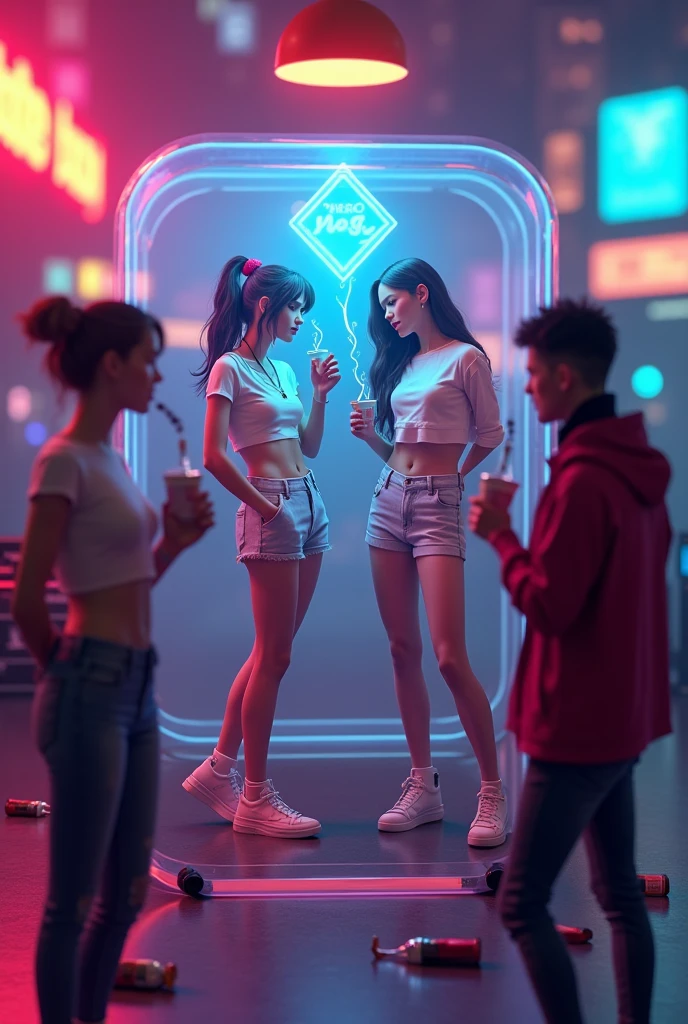 Dos mujeres con un top negro y jeans posando para una foto., estilo cyberpunk apagado, inspirado en Wang Duo, ambiente ciber punk, sujetador y pantalones cortos streetwear, ambiente ciberpunks, ropa de calle ciberpunk, aesthetic!!!!, futuristic aesthetic, ambiente ciberpunk, deviantart art station cgscosiety, kda, cyber aesthetic, 🐋 as 🐘 as 🤖 as 👽 as 🐳, traje estilo cyberpunk