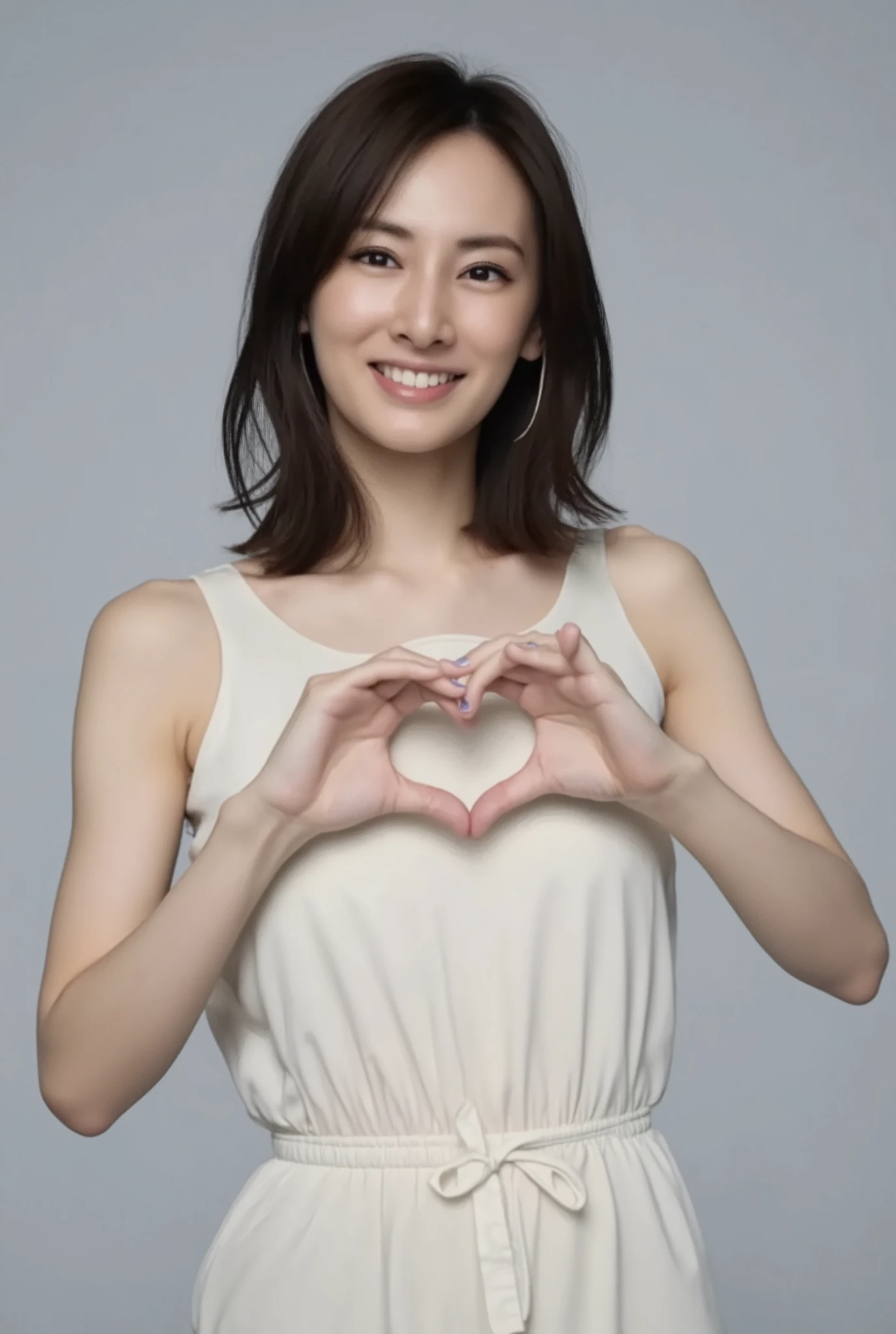 Only one woman with a cute smile wears cute, fluffy off-shoulder pajamas, makes a big heart shape with both hands, and poses them in front of her chest, View above collarbone、The background is a monotone 、
