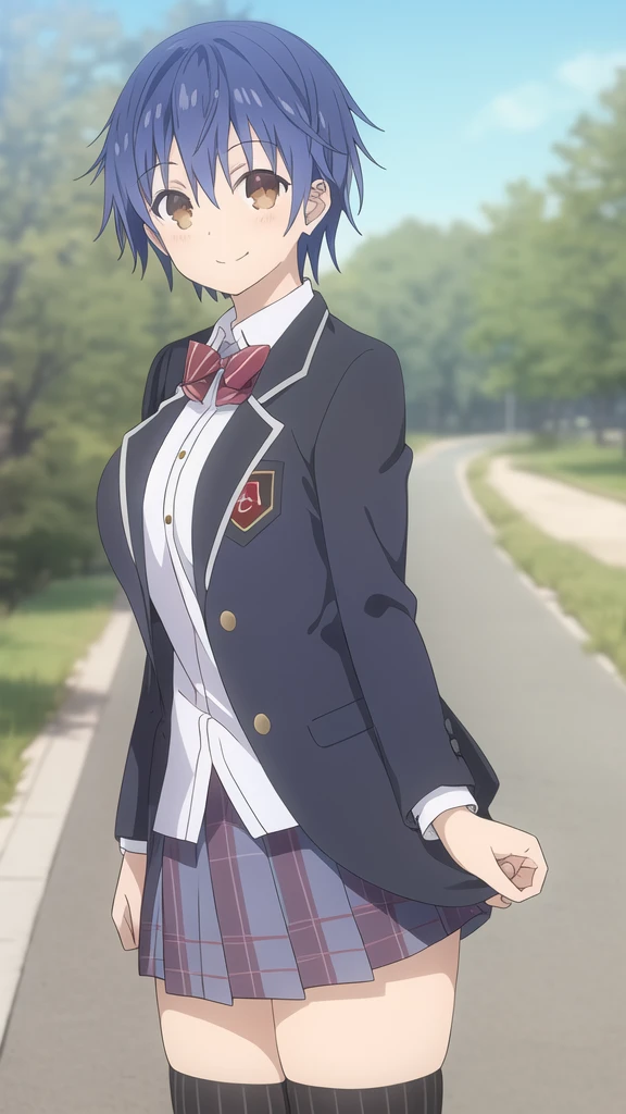 itsuka shido, girl, solo, blue hair, Brown eyes, smile, large breasts, red bow, striped bow, blazer, blue jacket, long sleeves, plaid skirt, brown skirt, black thighhighs, outdoors, cowboy shot, standing, looking at viewer,