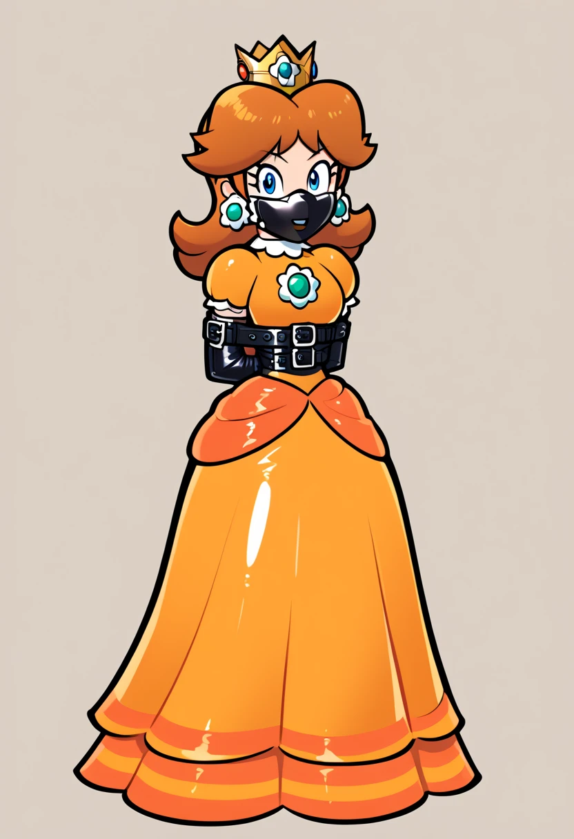 score_9, score_8_up, score_7_up, 1girl, ( (Daisy, princess Daisy from super mario lore, princess Daisy, orange long dress, wearing orange dress, crown), (front view), perfect proportions, simple background, standing, , bound arms, arms behind back, full body, tight mask, black mask,  (armbinder: 1.3),  ) 