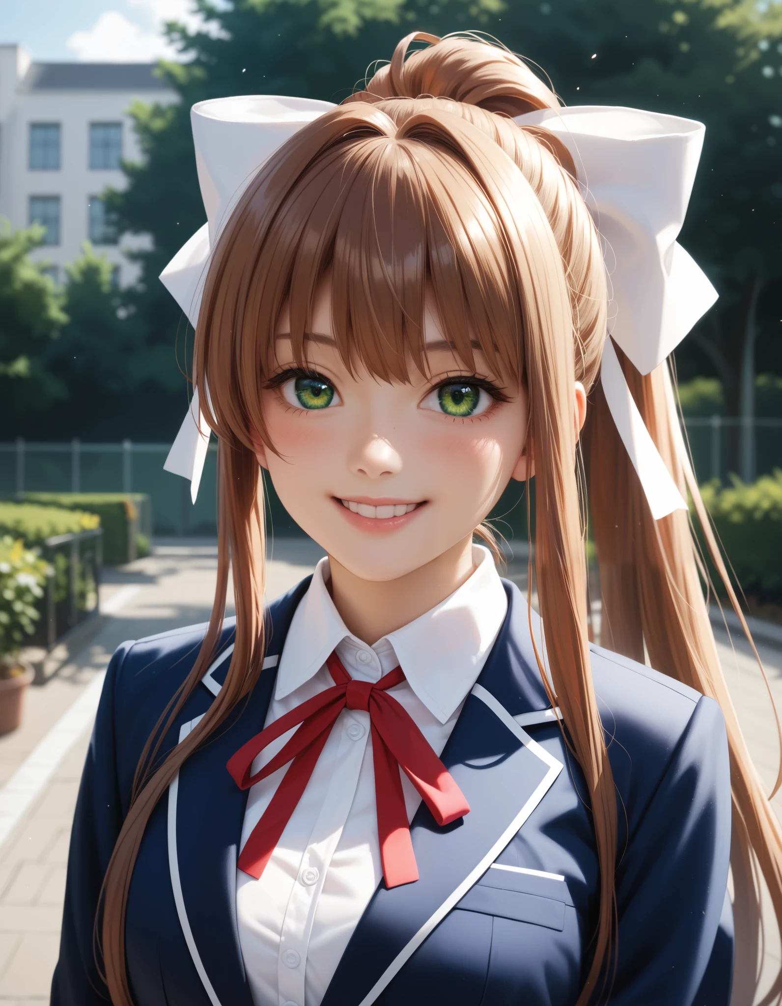 solo,outdoors,upper body,(portrait:1.5),looking at viewer,facing viewer,smile,blush,Monika,very long hair,brown hair,ponytail,hair bow,white bow,hair ribbon,white ribbon,sidelocks,bangs,green eyes,school uniform,brown jacket,blazer,wing collar,neck ribbon,red ribbon,white shirt,long sleeves,medium breasts,blue skirt,pleated skirt,zettai ryouiki,black thighhighs,uwabaki,white footwear, BREAK,masterpiece, best quality,score_7_up,score_8_up,score_9, 