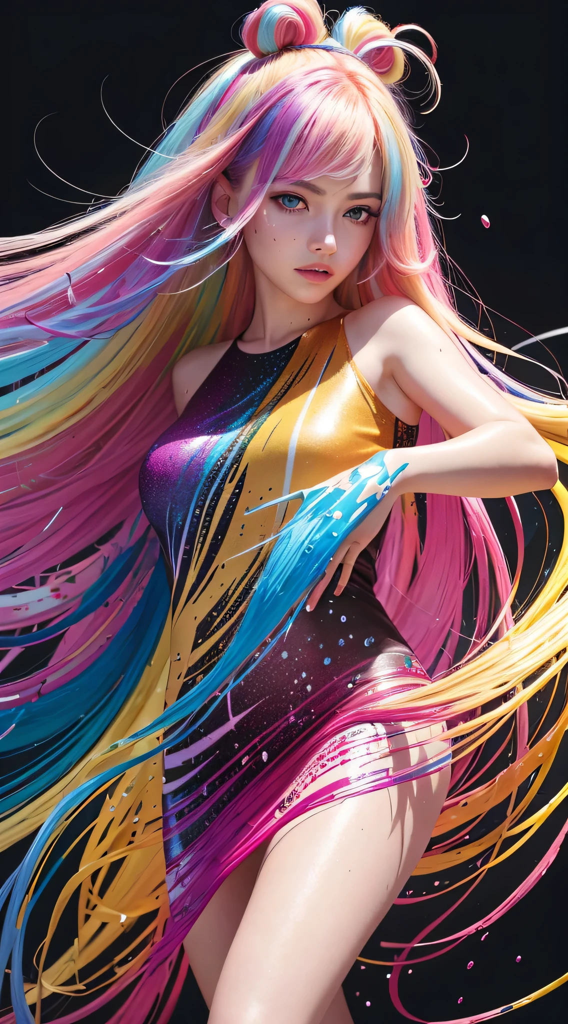 8k, RAW photo, realistic, photo-realistic, hyper-realistic, highest quality, best quality, masterpiece, highly detailed, absurdres,
masterpiece, best quality, (extremely detailed CG unity 8k wallpaper, masterpiece, best quality, ultra-detailed, best shadow), (detailed background), (beautiful detailed face, beautiful detailed eyes), High contrast, (best illumination), 1girl, Australian, multicoloured hair, beautiful, ((colourful paint splashes on transparent background, dulux)), ((caustic)), dynamic angle,beautiful detailed glow,full body, cowboy shot,