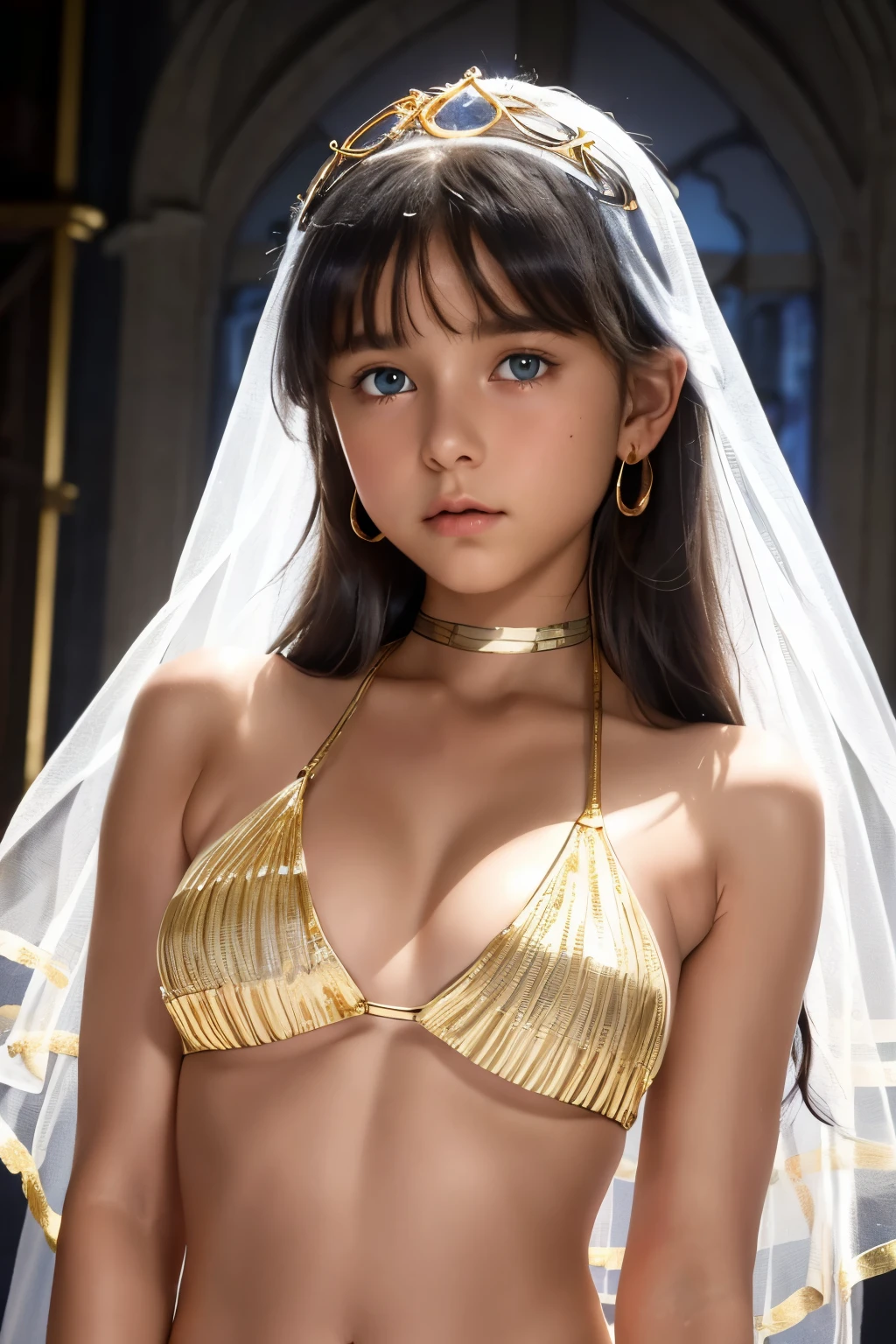 best quality, masterpiece, young french girl, blue eyes, (**yo:1.4), ((tanned skin)), (silhouette lighting:1.1), (upper body:1.5), braids hair with bangs, large breast, hourglass figure, oily skin, (white silk bikini with gold accents:1.2), (underboob:1.4), ((tiara, face veil), hands down, at church