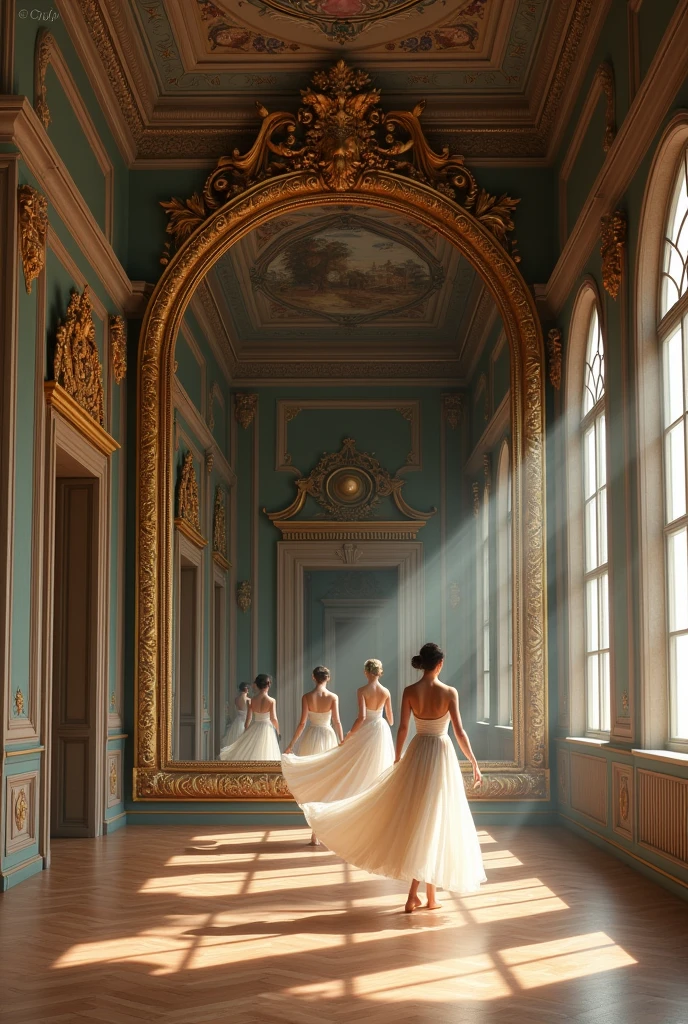 ((best quality)), ((masterpiece)), (detailed), ((couple)) 1woman, very long blonde hair, wearing summer dress, inside Versailles castle, Paris, France, with 1man, tall, muscular, dark short hair, wearing white shirt 