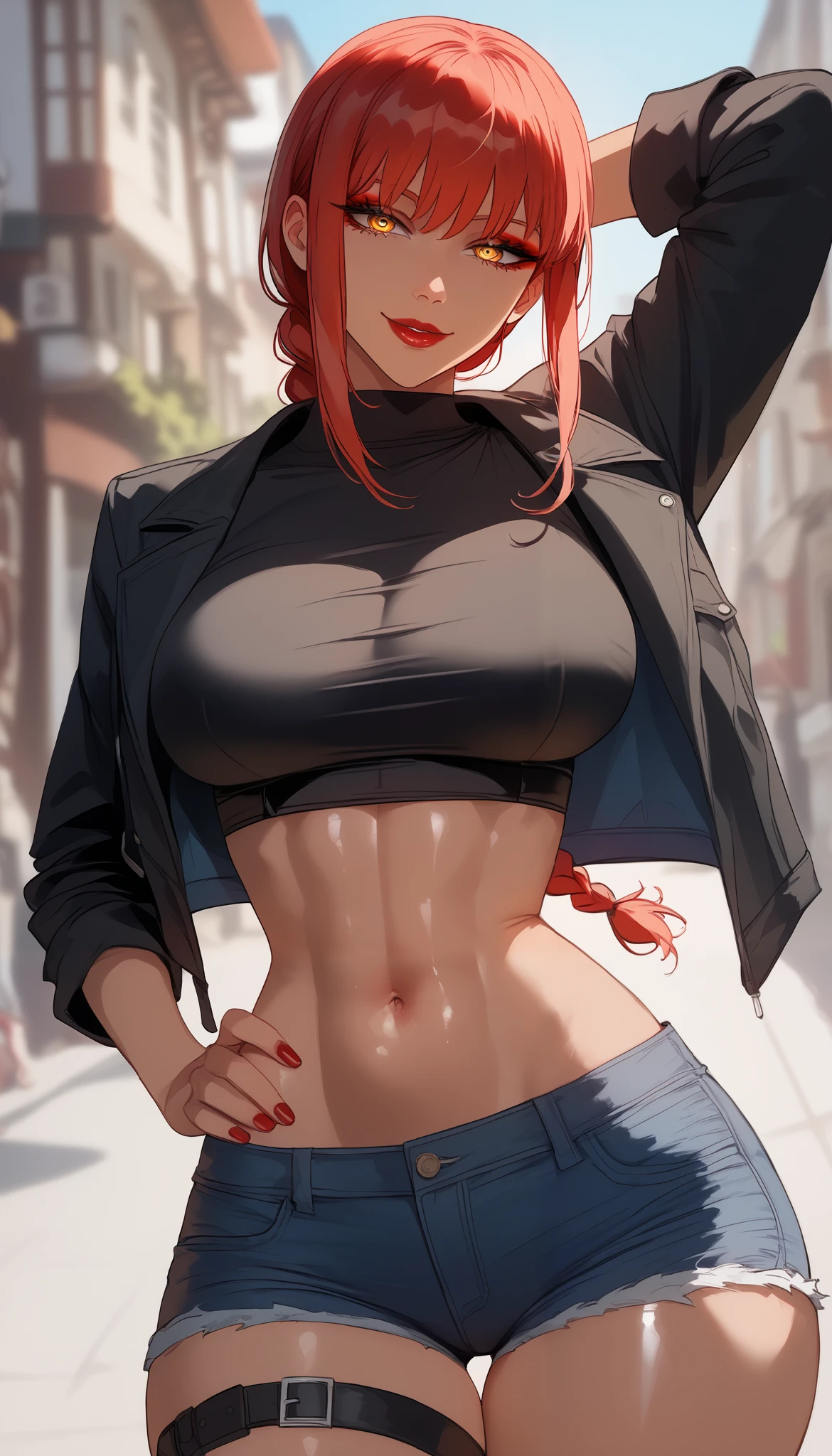 (Masterpiece, Best Quality, High Quality),(NSFW:1.3),Nishikino maki, Red hair, purple eyes, cowboy shot,low waisted pants, tight ,(sweater crop top), (sexy stomach), detailed belly, midriff, big breasts,looking at viewer,  earrings,in street
