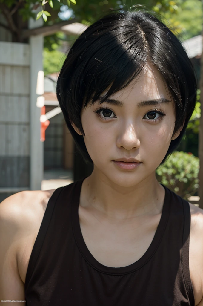 Kurotsuchi ,  young and very beautiful Asian girl with short black hair, Naruto, ultra realistic, anime,  light clothing , summer, surprised and blushed face,  character from Game of Thrones.